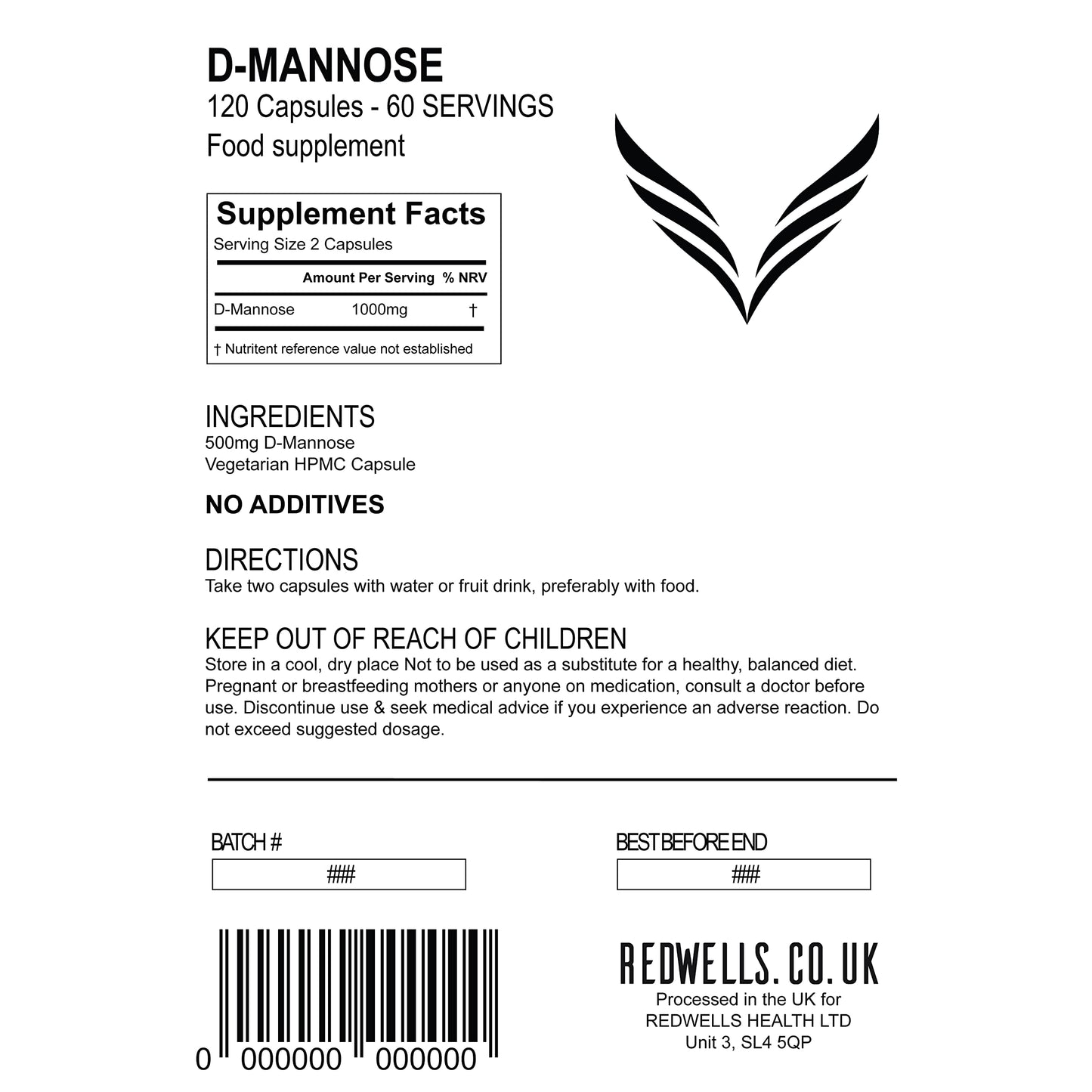 REDWELLS D Mannose Capsules - UTI Support - 1000mg Per Serving NO ADDITIVES! (120)