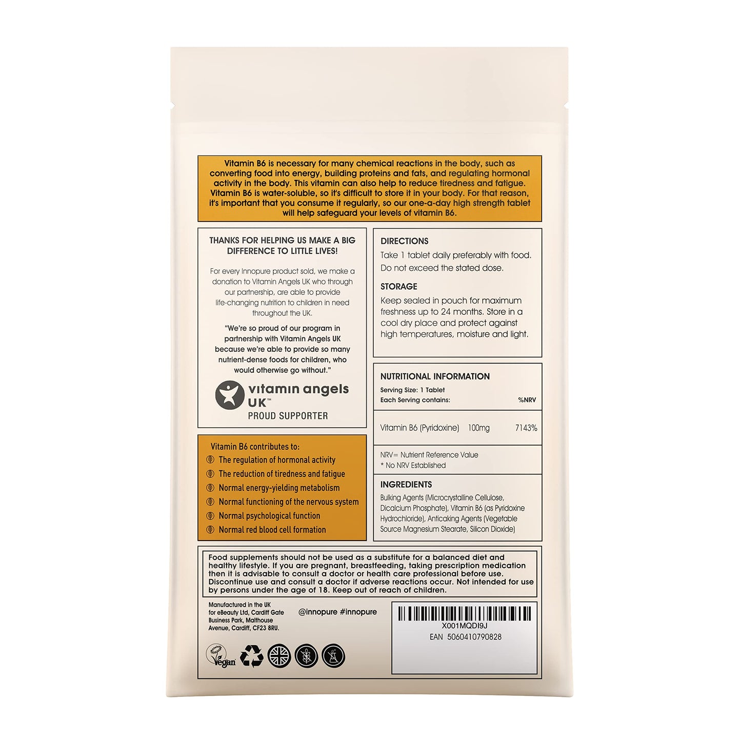 INNOPURE High Dose Vitamin B6 Tablets 100mg - One-A-Day Easy to Swallow Tablet - 4 Month Supply (120 Tablets) Vegan Society Approved, UK Made