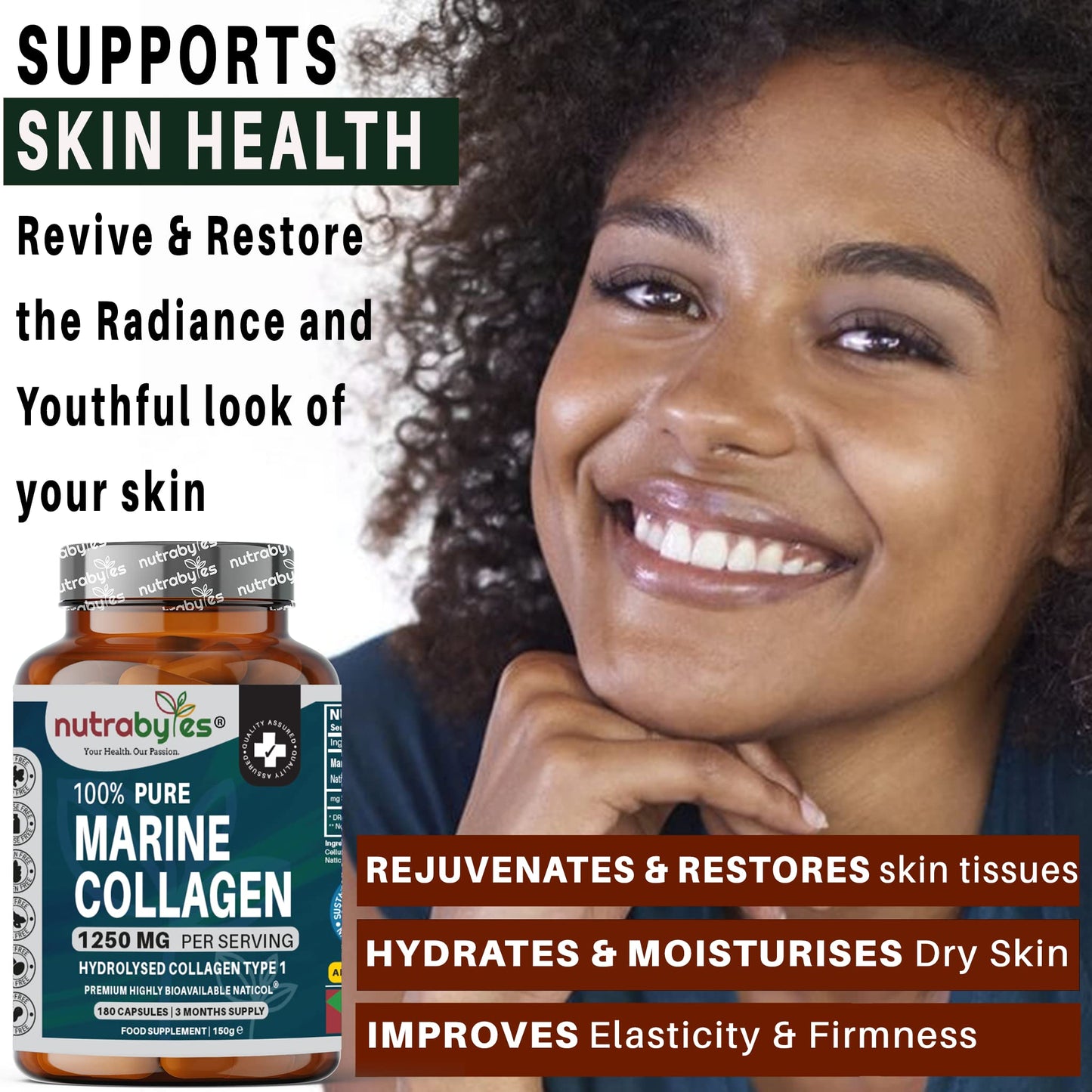 High Strength Marine Collagen Capsules - 1250mg Hydrolysed Collagen Supplement - Type 1 Hydrolysed Collagen Peptides - 180 Collagen Capsules - 3 Months Supply - Collagen Supplements for Women & Men