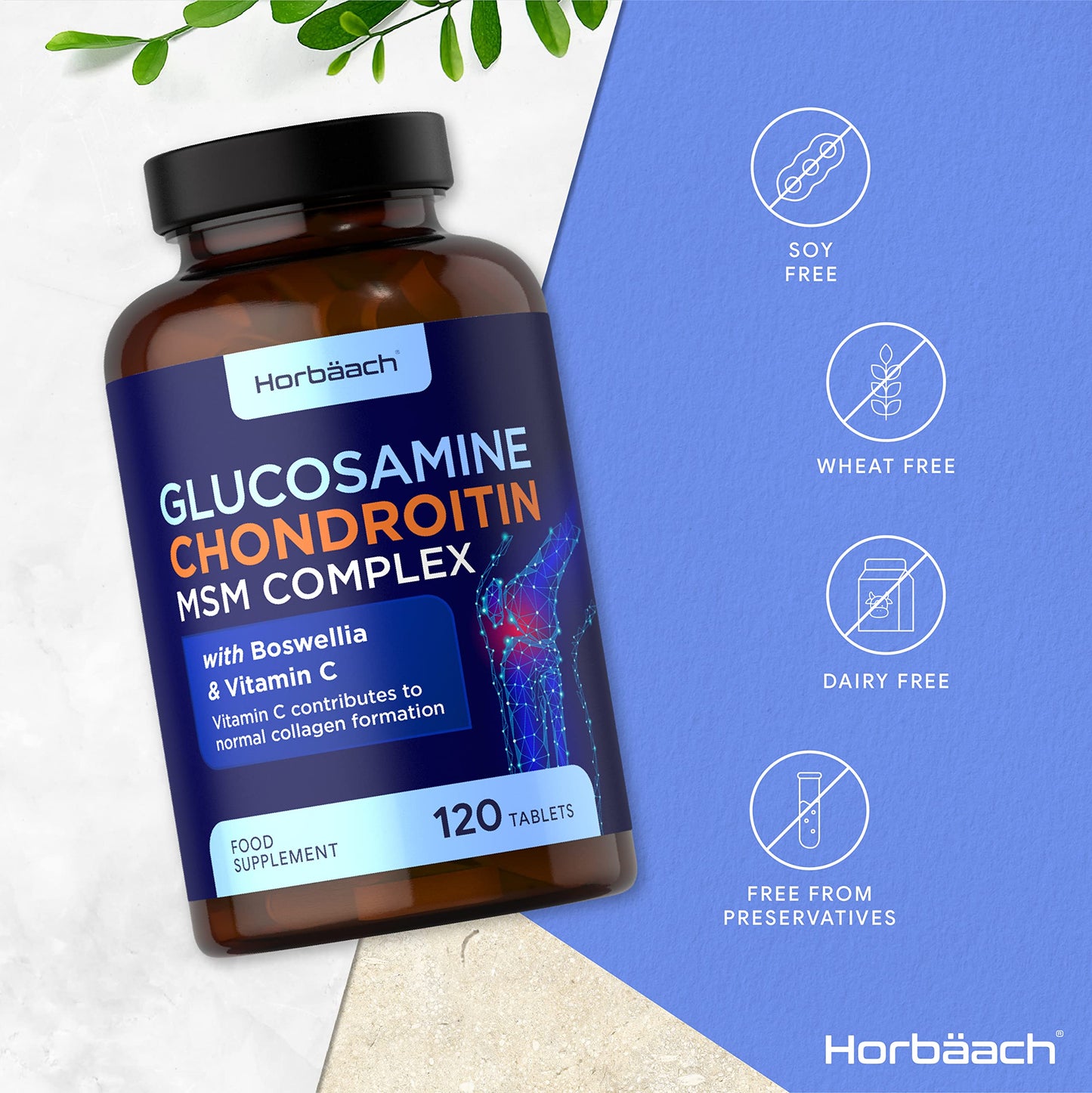 Glucosamine and Chondroitin MSM Complex | 120 Tablets | High Strength Supplement with Boswellia and Vitamin C | for Collagen Formulation | by Horbaach