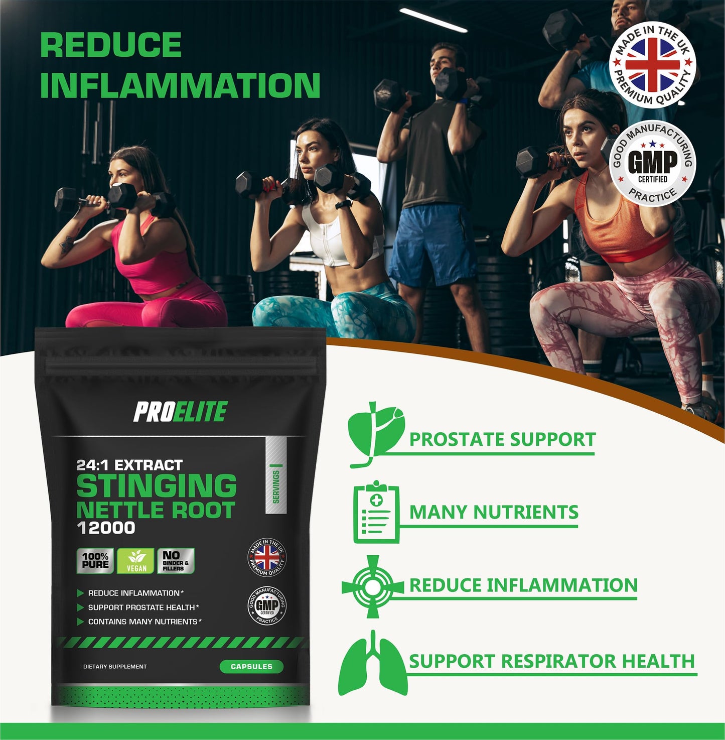 Stinging Nettle Root | 30 Capsules Vegan - 24:1 Extract 12,000mg Nettle Root per Capsule | High Strength Stinging Nettle Alternative to Powder NO Fillers & Binders | Made in UK by PROELITE