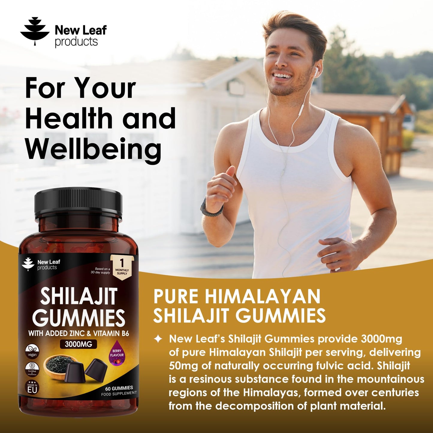 Shilajit Gummies - Enriched with Zinc & Vitamin B6 - High Strength 3000mg Pure Himalayan Shilajit Gummies Providing 50mg Fulvic Acid - Berry Flavoured, Vegan Shilajit Gummies by New Leaf