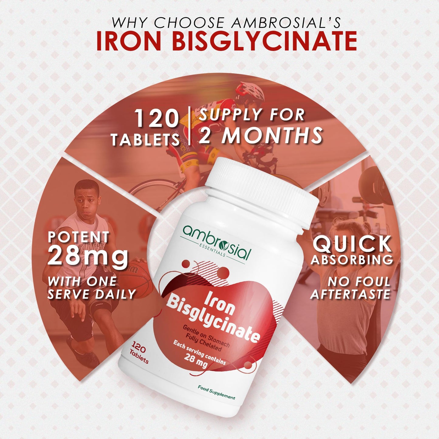 AMBROSIAL Ambrosial Iron Bisglycinate high Absorption Iron Supplements 28mg- Gluten Free Iron Supplements, Tiredness and Fatigue High Strength Iron Tablets | Iron Supplements for Women and Men- 120 Tablets