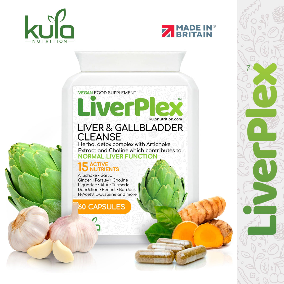 Kula Nutrition LiverPlex - 15 Day Liver Cleanse Detox and Repair Complex - Herbal Liver and Gallbladder Support Supplement with Choline, Artichoke, Garlic, Liquorice, Fennel, Turmeric, Ginger - 60 Vegan Capsules
