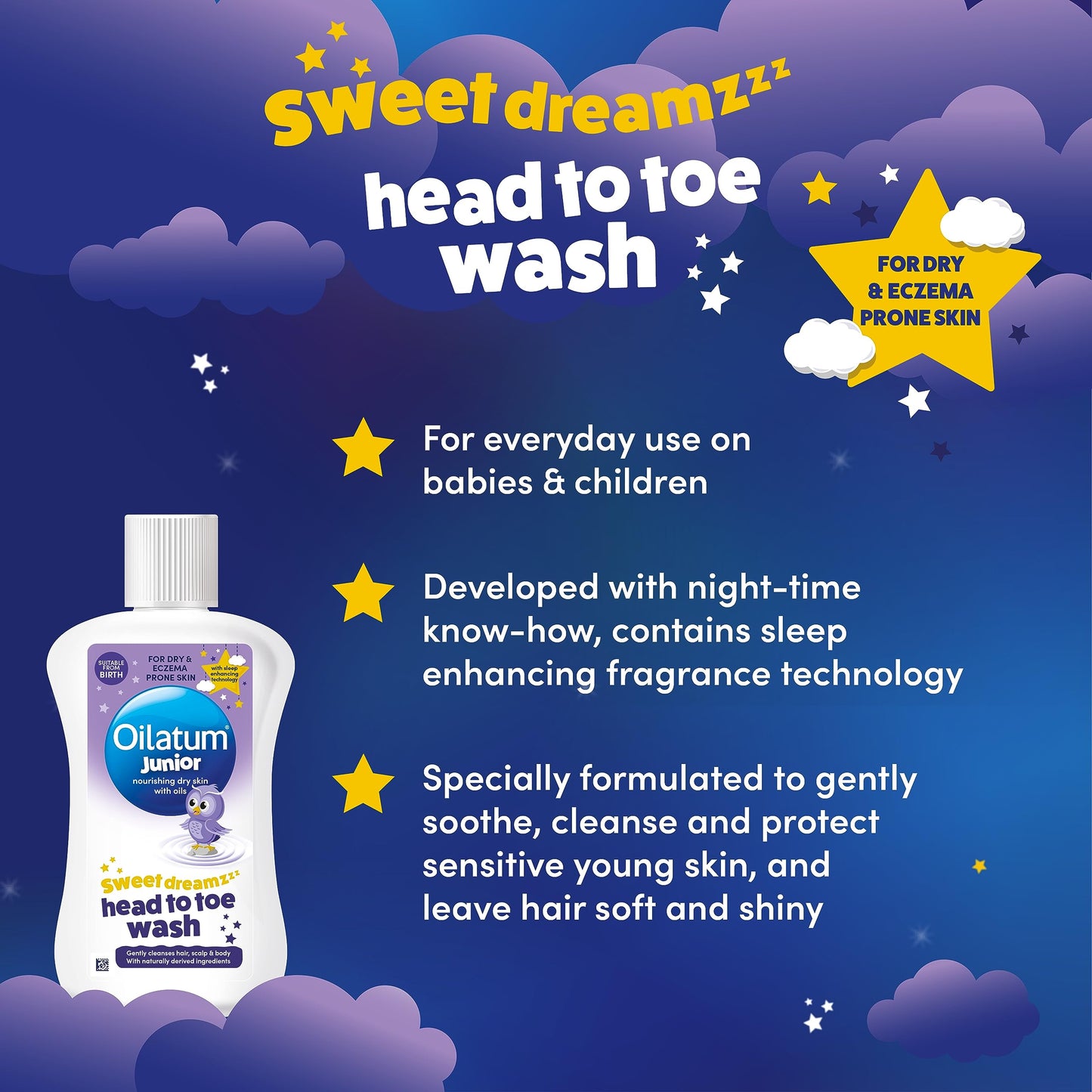 Oilatum Junior Sweet Dreamz Head to Toe Wash 300ml, with sleep enhancing technology for babies and children with dry, sensitive and eczema-prone skin