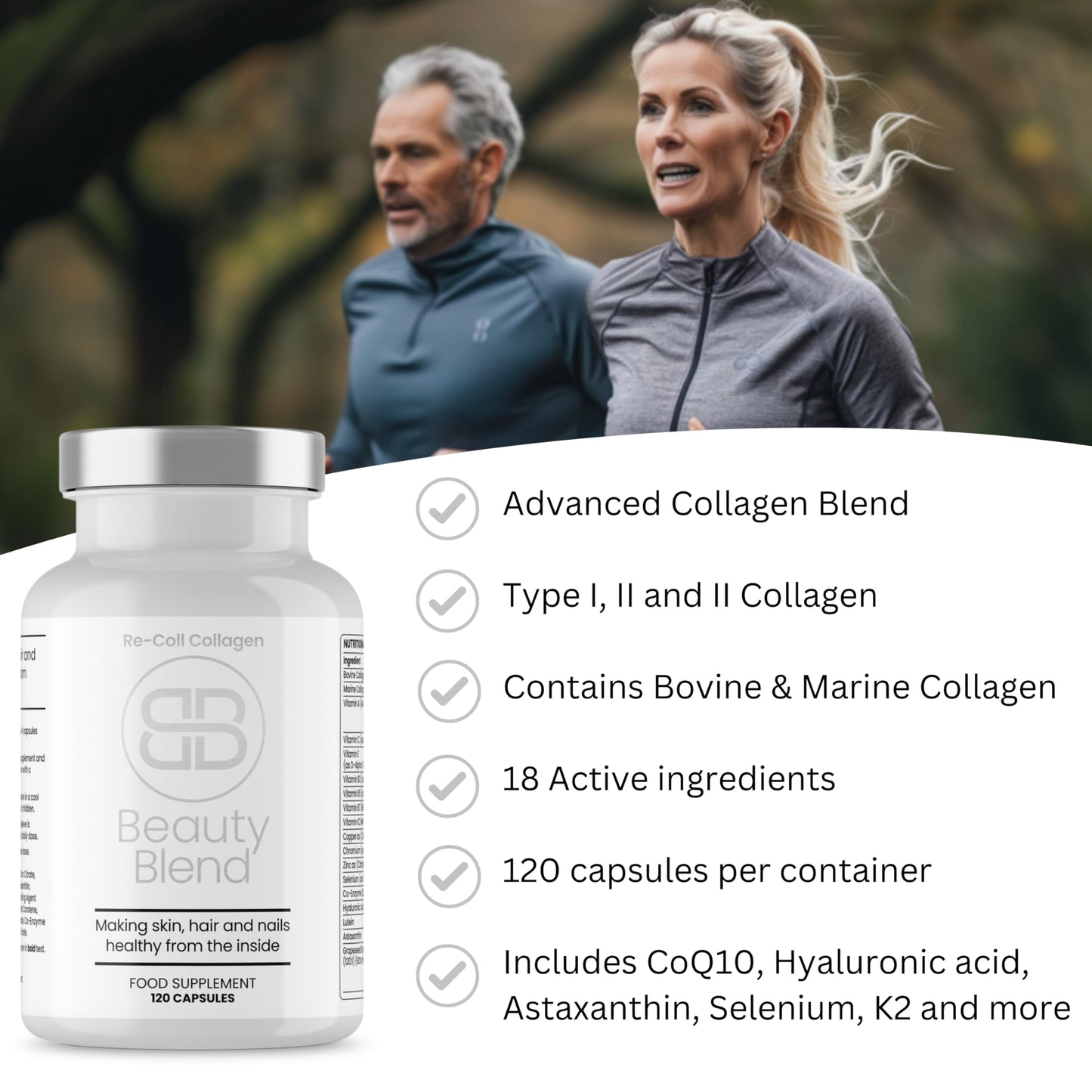 Re-Coll 1200mg Collagen Capsules - High Strength Supplement with Hyaluronic Acid - for Hair Skin & Nails - Contains Bovine & Marine Collagen for Women & Men (120 Count)