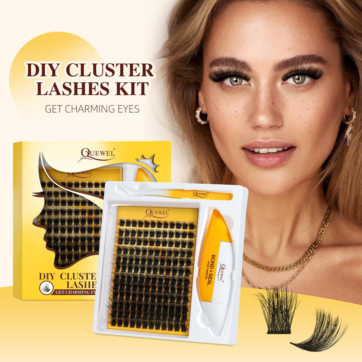 QUEWEL Cluster Lashes Kit Fluffy Lash Clusters, 144 pcs Thick Lashes Individual Cluster with 16ml Bond and Seal Lash Glue, Lash Applicator Easy to Use at Home (3D-Honey01 Kit)