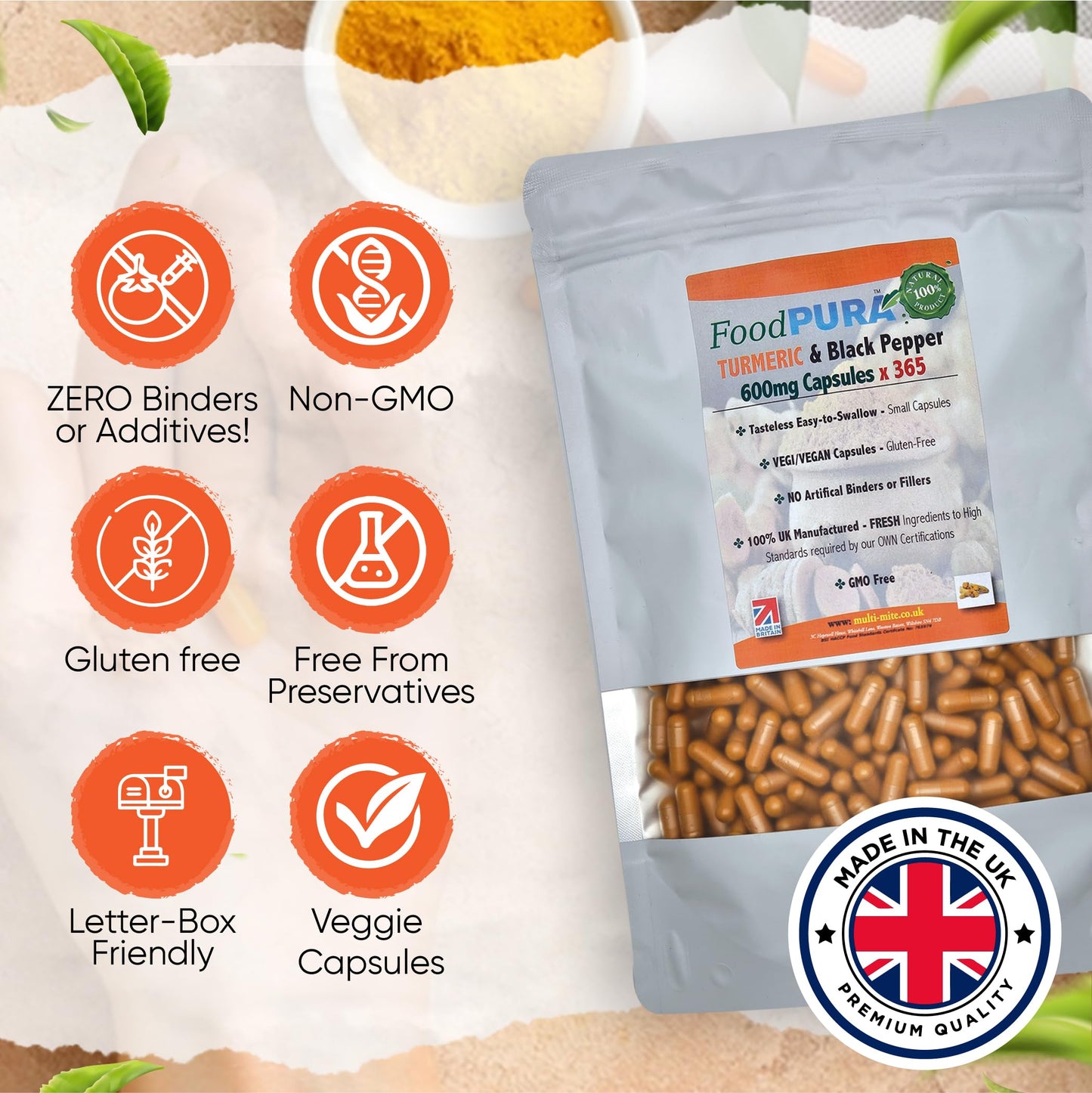 FoodPURA Turmeric with Black Pepper Capsules High Strength 600mg HACCP Certified, Manufactured in The UK by FoodPURA 1 Pack of 365 Capsules