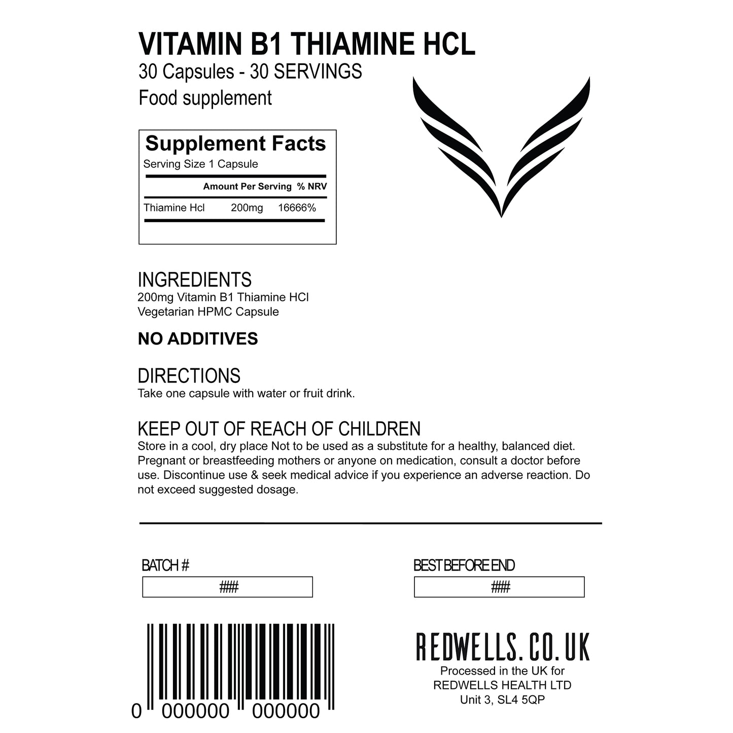 Vitamin B1 Capsules Thiamine REDWELLS No Additives High Strength 200mg - 30 Pack