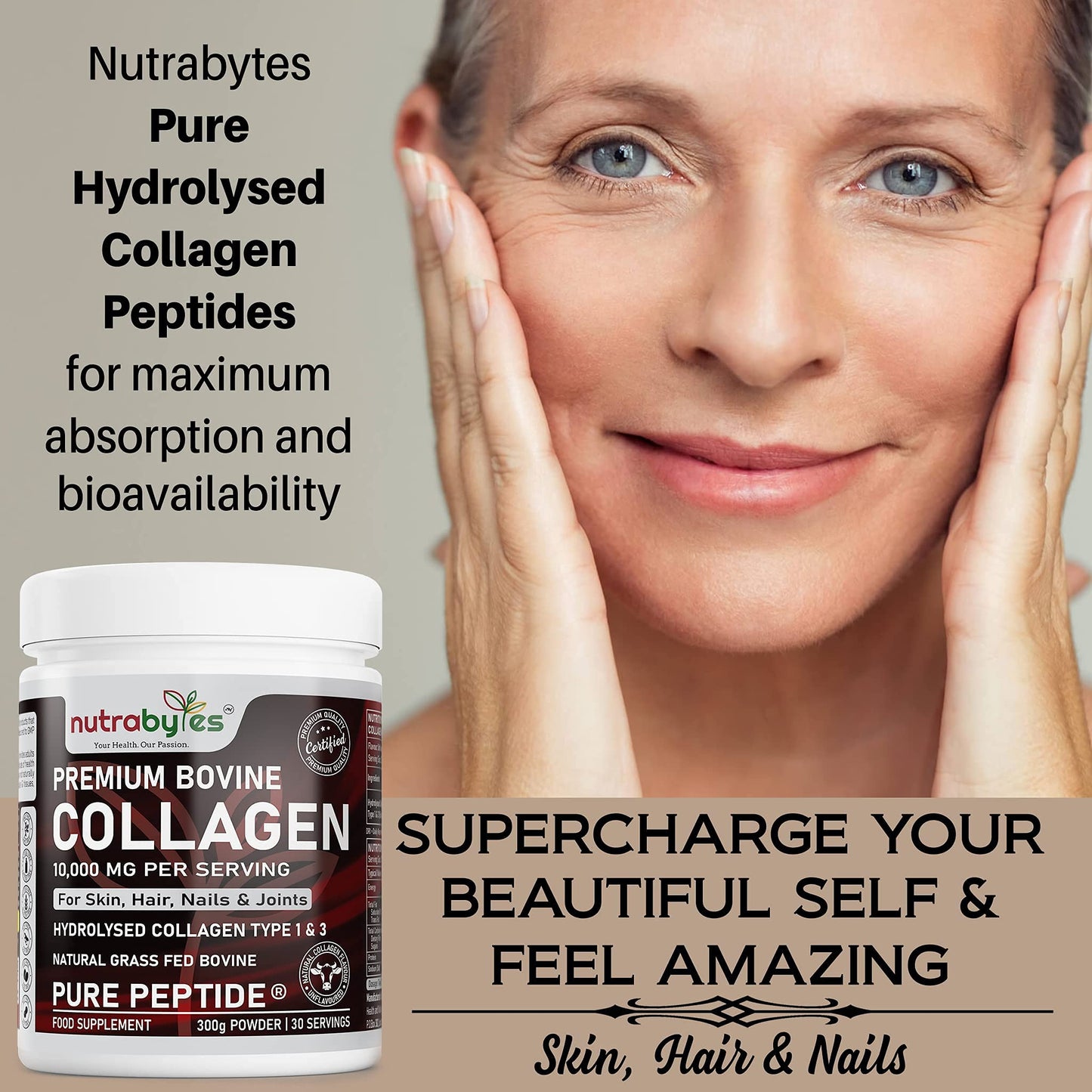 NUTRABYTES Bovine Collagen Peptides Powder 10000mg Type 1 & 3 Unflavoured|19 Amino Acids|High Strength Hydrolysed Protein for Women & Men |Kosher & Halal Certified| Healthy Skin Hair Nails Joints|Keto,Paleo