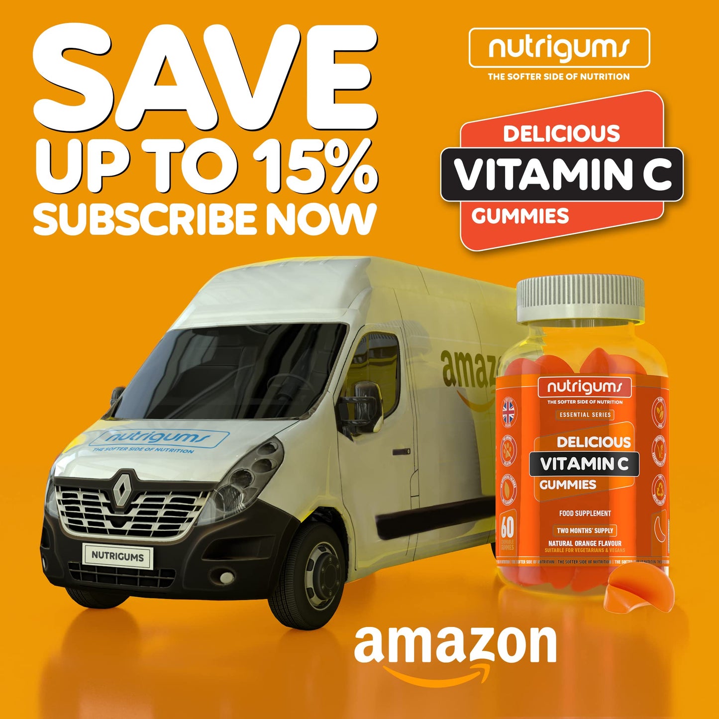Vitamin C | 60 Orange Flavour Gummies | Two Month Supply | Immune, Energy & Collagen Formation Support | Vegan Suitable by NUTRIGUMS®
