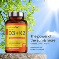 NaturesVits Vitamin D3 and K2 Bone Supplement - with Zinc, MCT Oil and Boron for Calcium Absorption for Joint Care - High Strength Natural Supplements for Women and Men