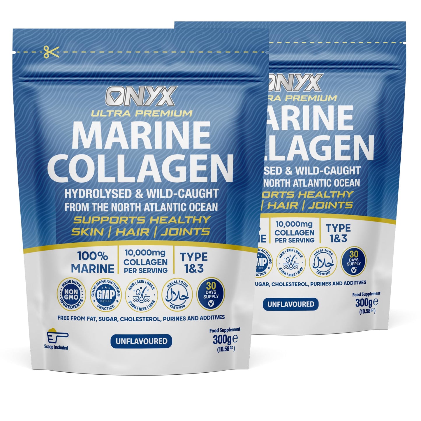 ONYX INGREDIENTS 101 Onyx Marine Collagen Powder 10000mg Type 1 & 3, Wild-Caught Arctic Cod, for Women & Men | Skin, Hair, Muscles, Joints, Bones & Gut Health, Unflavoured