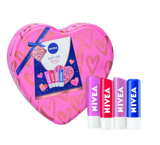 Nivea NIVEA Soft Lips Gift Set for Her, Lip Balm Set Includes Original Care, Soft Rose, Strawberry Shine, & Pearly Shine Lip Balms, NIVEA Lip Balms in a Heart-Shaped Tin