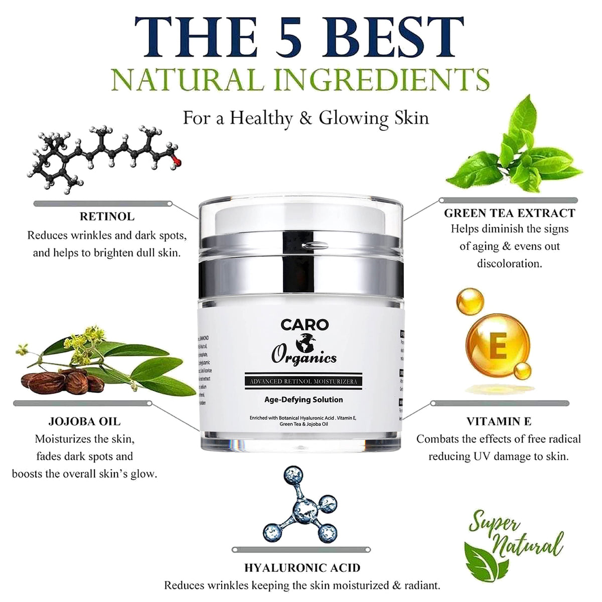 CARO Organics Retinol Face Cream with Hyaluronic Acid & Vitamin E - The Best Anti Aging Cream to Reduce Wrinkles & Age Spots Day & Night cream. Best Age-Defying Solution. 50ml