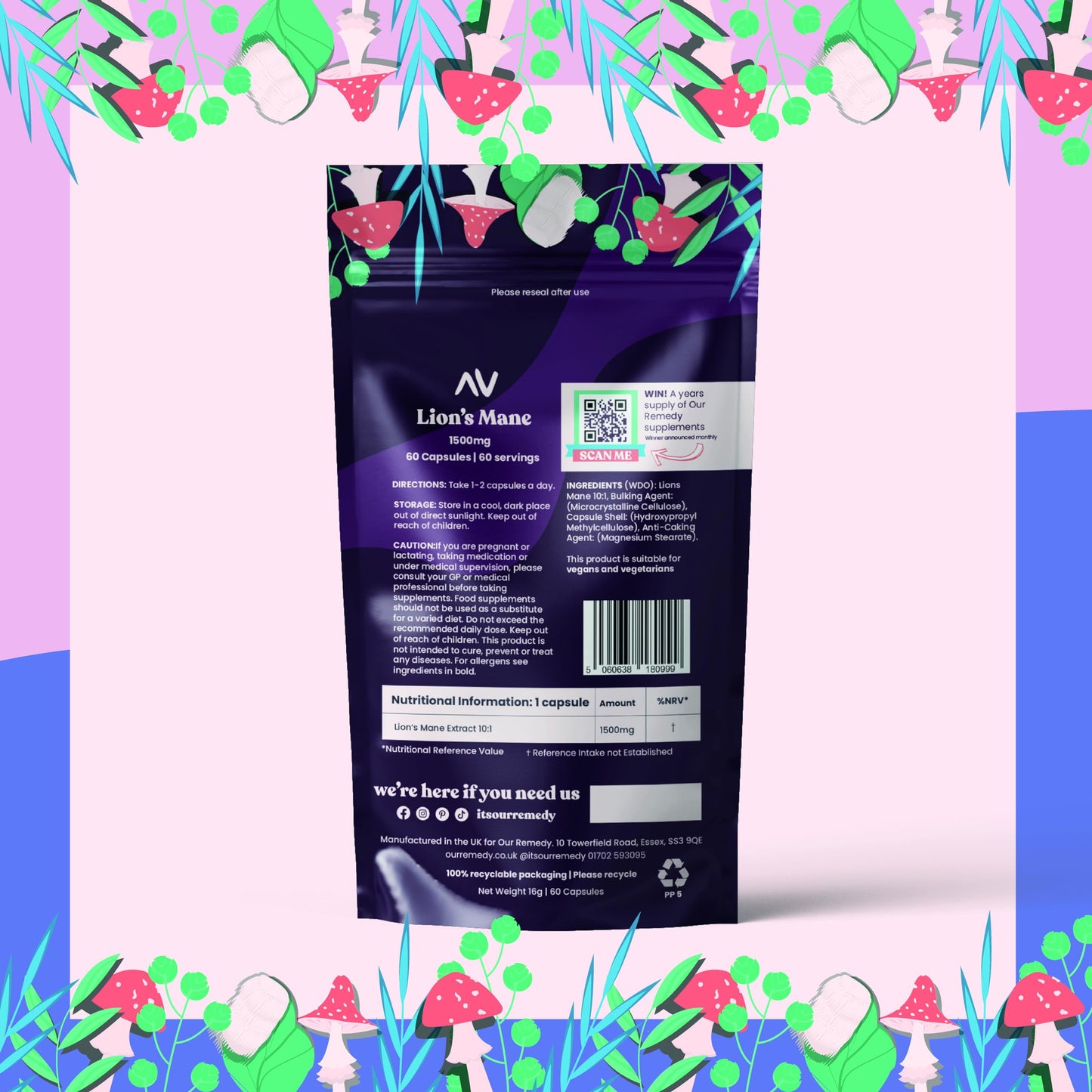 OUR REMEDY we all have our ups and downs Our Remedy 1500mg Lion's Mane Organic Capsules — Two-Month Supply of a High-Strength, Vegan, Non-GMO, Cruelty-Free Brain Support Supplements Packed in 100% Recyclable Packaging — 60-Count