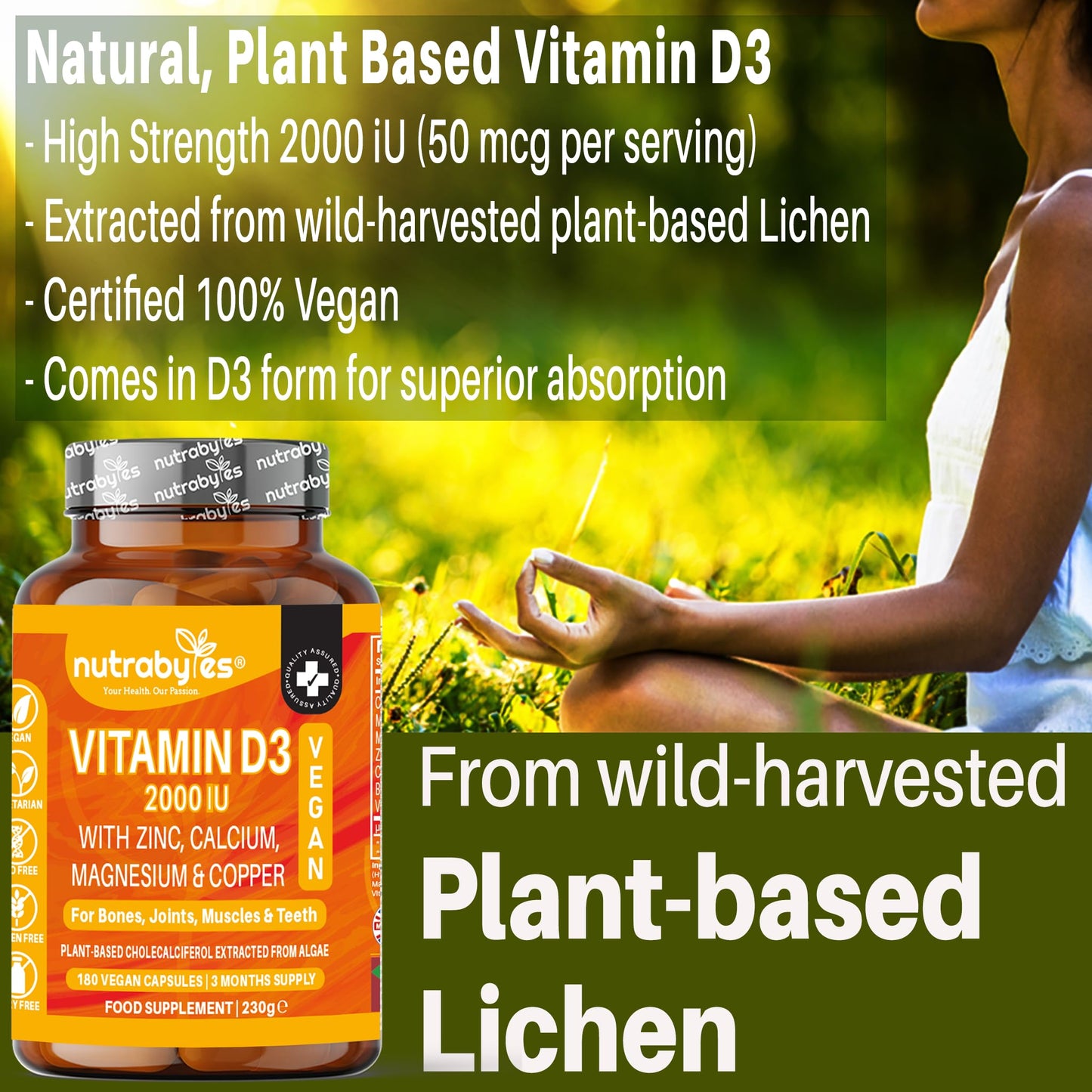 Vegan Vitamin D3 2000iu with Magnesium Calcium & Zinc Supplement, Advanced Immunity Support, Strong Bones & Teeth, Muscle Recovery, Sleep Better,180 Vegan Capsules, 3 Months Supply, UK Nutrabytes