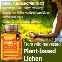 Vegan Vitamin D3 2000iu with Magnesium Calcium & Zinc Supplement, Advanced Immunity Support, Strong Bones & Teeth, Muscle Recovery, Sleep Better,180 Vegan Capsules, 3 Months Supply, UK Nutrabytes