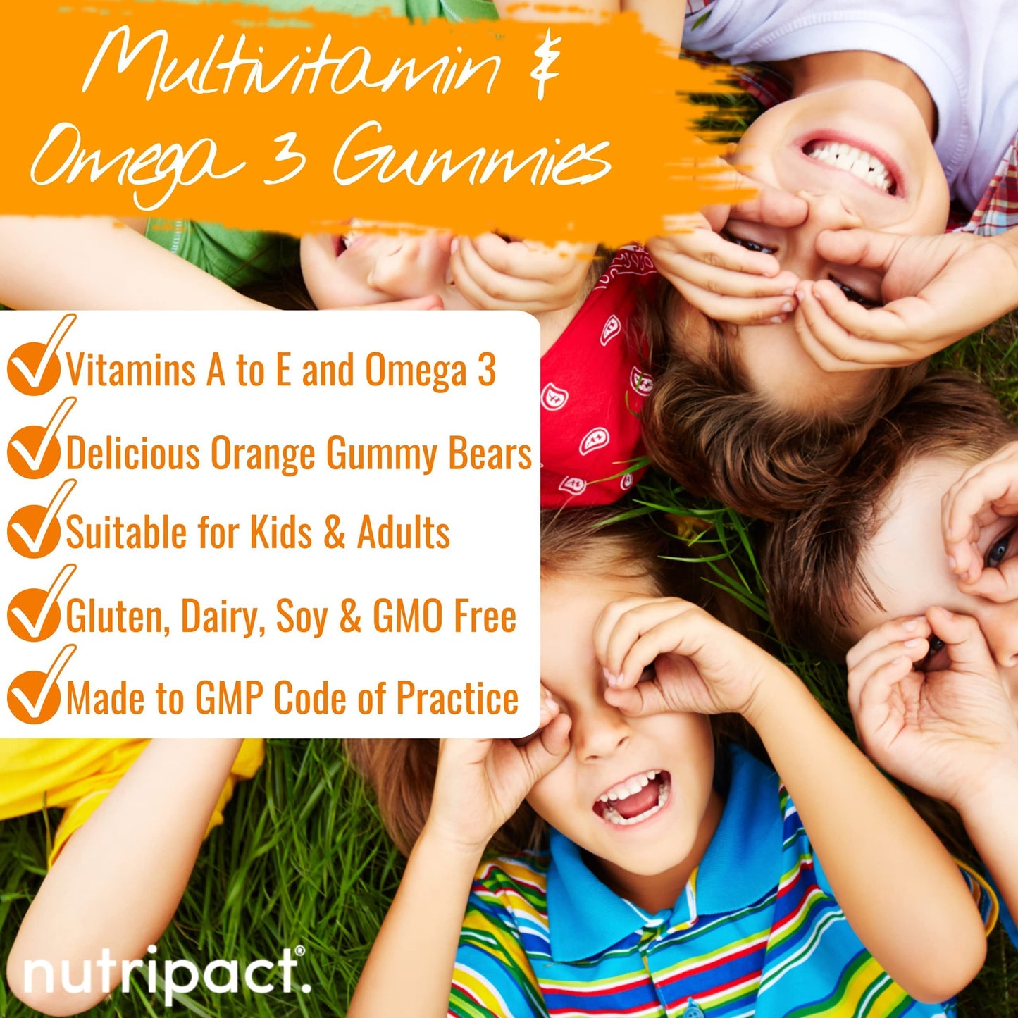Multivitamin & Omega 3 Gummies for Kids & Adults - Vitamin C, A, B, D & Vitamin E - with DHA & EPA - 30 Chewable Multivitamins & Omega 3 Supplement - Orange Flavoured - nutripact