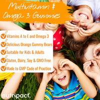 Multivitamin & Omega 3 Gummies for Kids & Adults - Vitamin C, A, B, D & Vitamin E - with DHA & EPA - 30 Chewable Multivitamins & Omega 3 Supplement - Orange Flavoured - nutripact