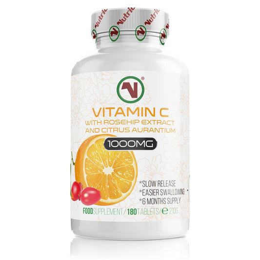 Nutriodol Vitamin C with Rosehip & Bioflavonoids 180 Tablets | 1000mg Easy to Swallow Tablets | Slow Release | Contributes to The Normal Function of The Immune System.