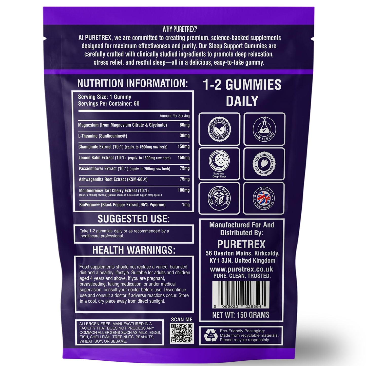 Puretrex PURETREX Family Sleep Gummies – Natural Sleep Aid for Adults & Kids – Sugar-Free, Vegan, Melatonin-Free – Calming Cherry Flavour Gummies with Herbal Blend for Relaxation & Restful Sleep – 60 Gummies