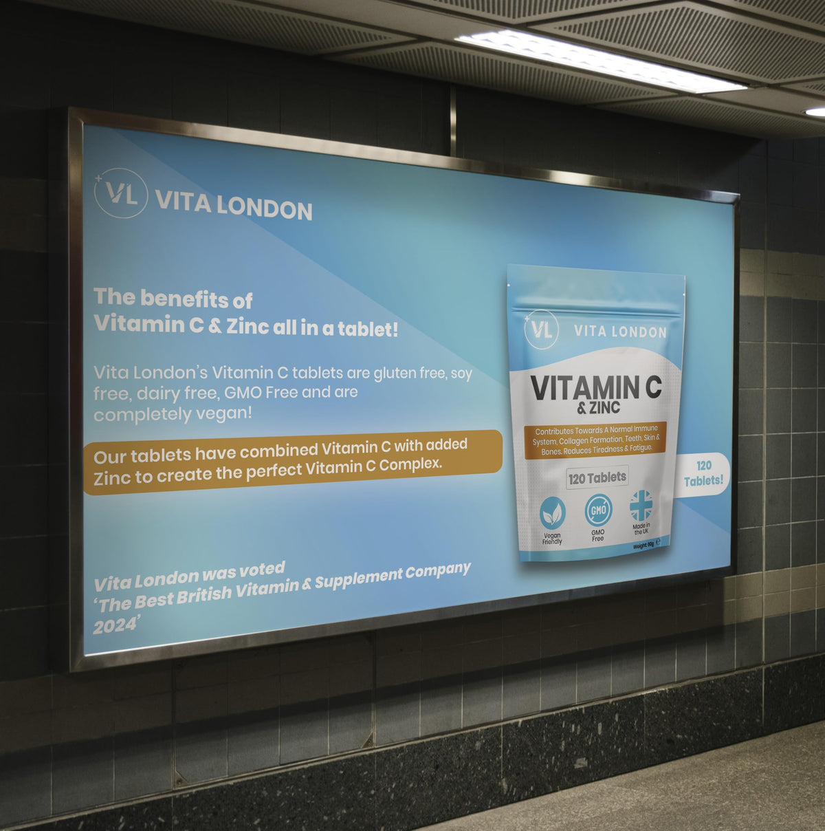 VL Vita London Vitamin C & Zinc 1200mcg | 120 High Strength Vegan Tablets (Not Capsule or Powder) | Made in UK | for Normal Immune System | Supplement for Men & Woman