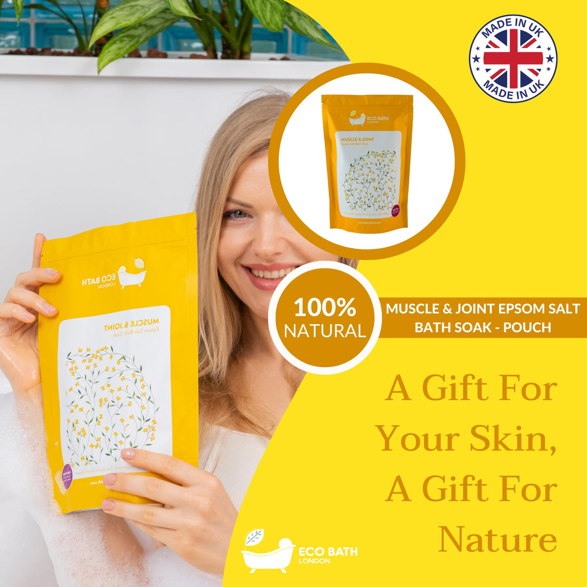 Eco Bath London Muscle & Joint Epsom Salt Bath Soak - Pouch 1kg, Magnesium Bath Salts Infused with Lemongrass, Peppermint, Eucalyptus, and Black Pepper Essential Oils,Bath Salt for Recovery