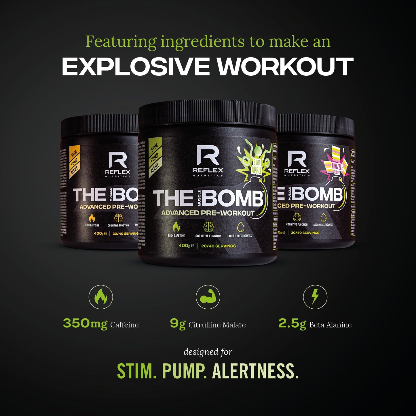 Reflex Nutrition Pre Workout The Muscle Bomb 350mg Caffeine 9g Citrulline Malate 2.5g Beta Alanine Added Hydration Electrolytes (Sour Apple, 400g)