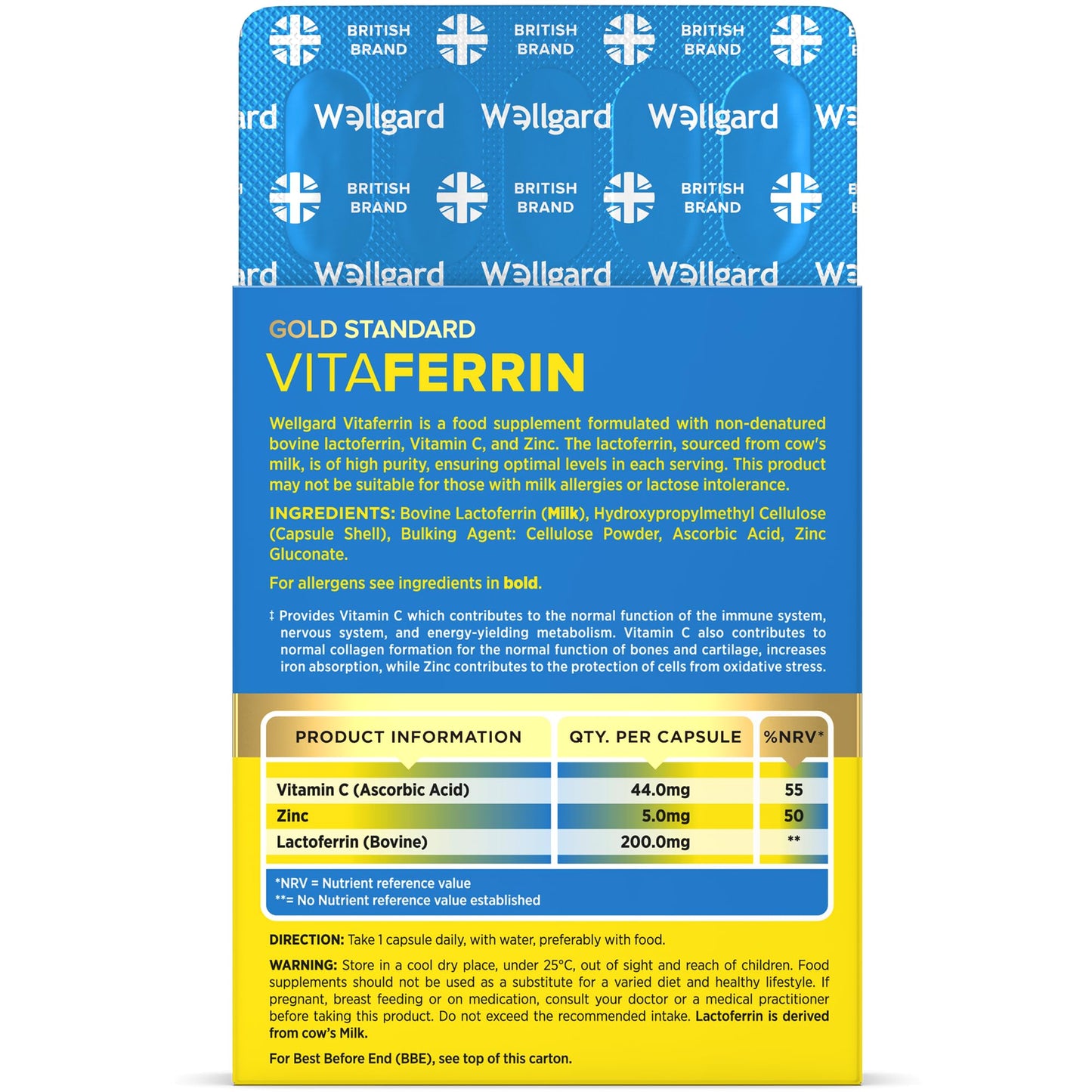 Wellgard Vitaferrin – Triple Action Immune Supplement with Lactoferrin, Zinc & Vitamin C, Immunity Supplement, 30 Capsules