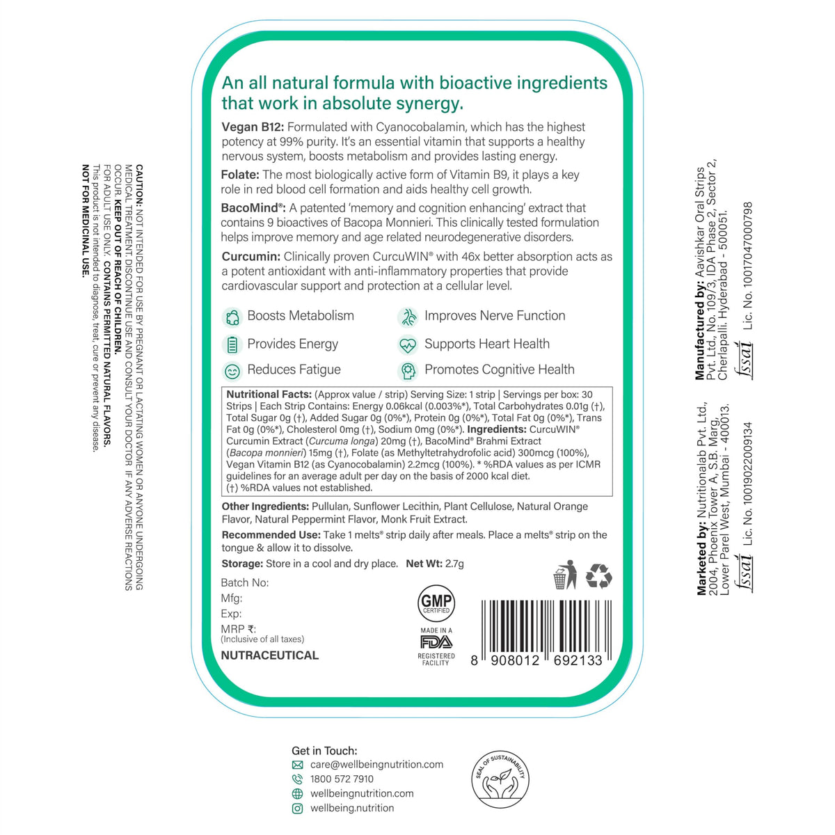 Wellbeing Nutrition Melts Vegan Vitamin B12 Supplements for Men & Women | Memory Booster and Brain, Heart & Nervous System Support with B12, Folate, Brahmi & CurcuWIN | 30 Oral Thin Strips