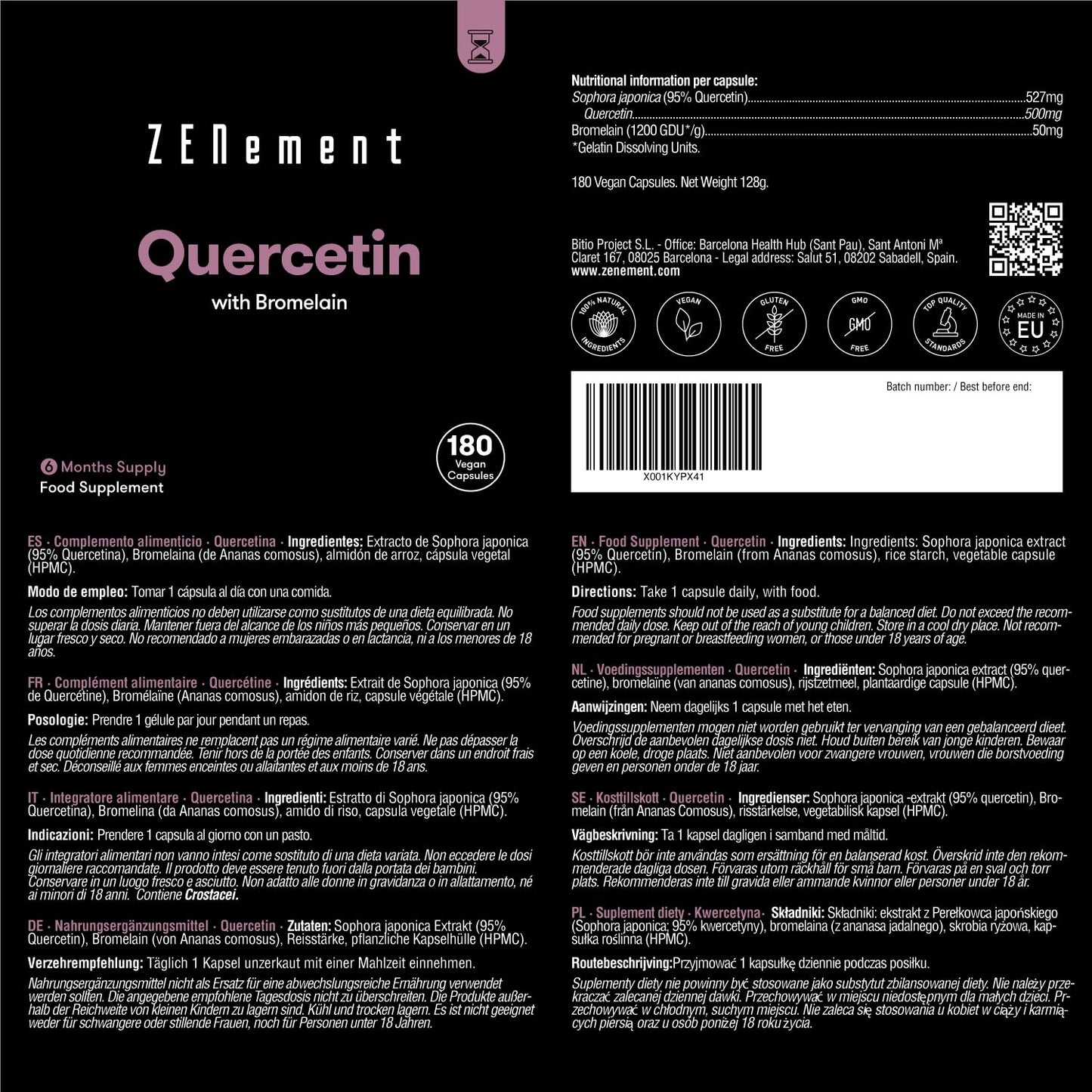 Quercetin 500mg, with Bromelain, 180 Capsules | Anti-ageing, Healthy Ageing, Antioxidant | 100% Natural Ingredients, Vegan, Additives Free | Zenement