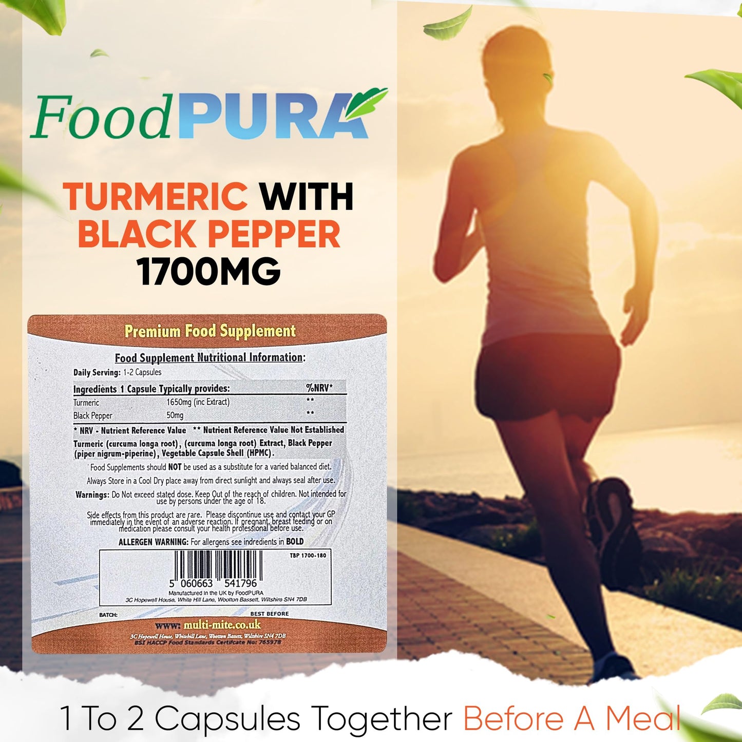 FoodPURA Turmeric with Black Pepper Capsules High Strength 1700mg HACCP Certified, Manufactured in The UK by FoodPURA 1 Pack of 180 Capsules