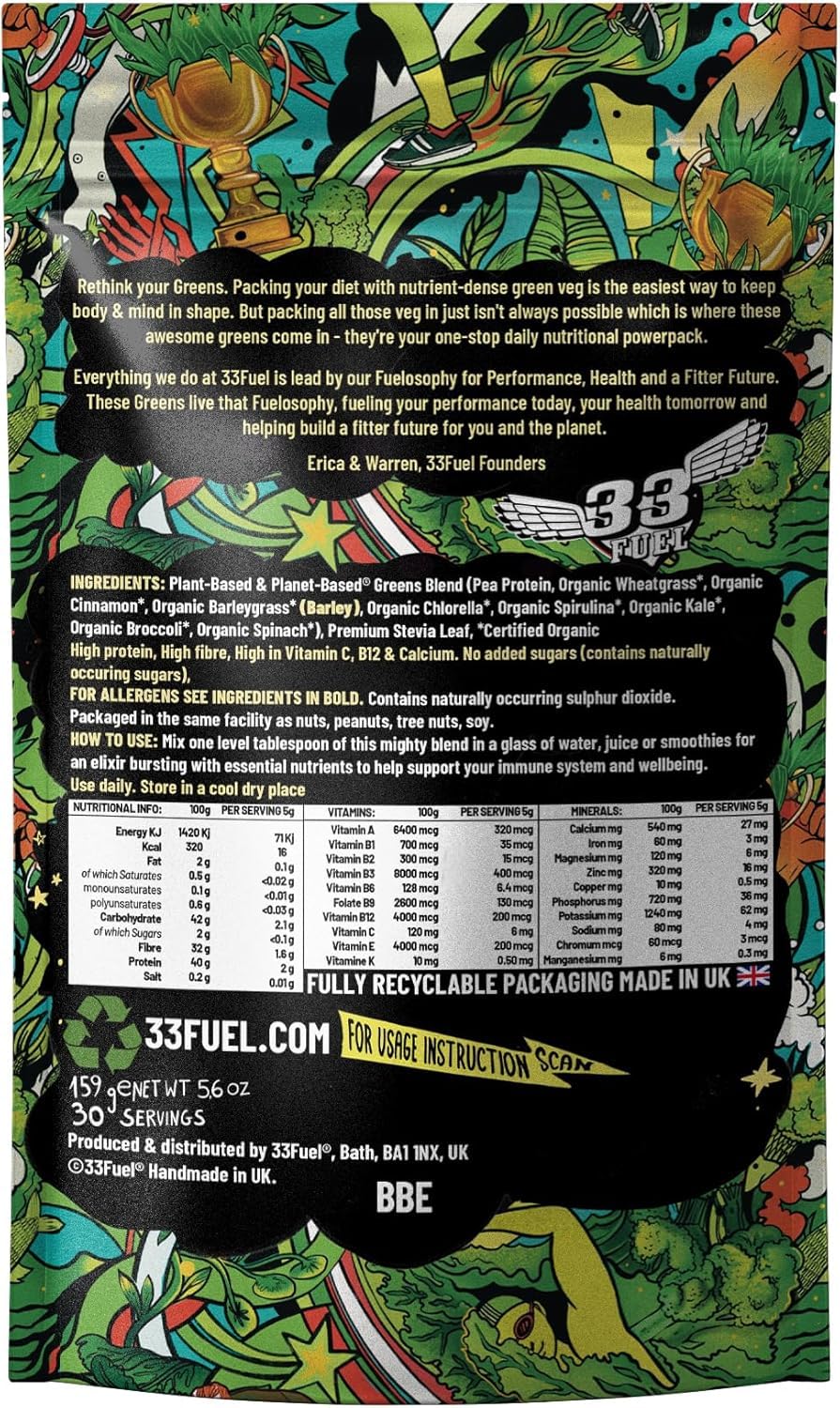 33Fuel Daily Greens Powder - UPF-Free Premium Superfood & Fibre Blend for Gut Health with only Natural Ingredients, Daily Greens Super Blend, Vegan, Handmade in The UK – Original