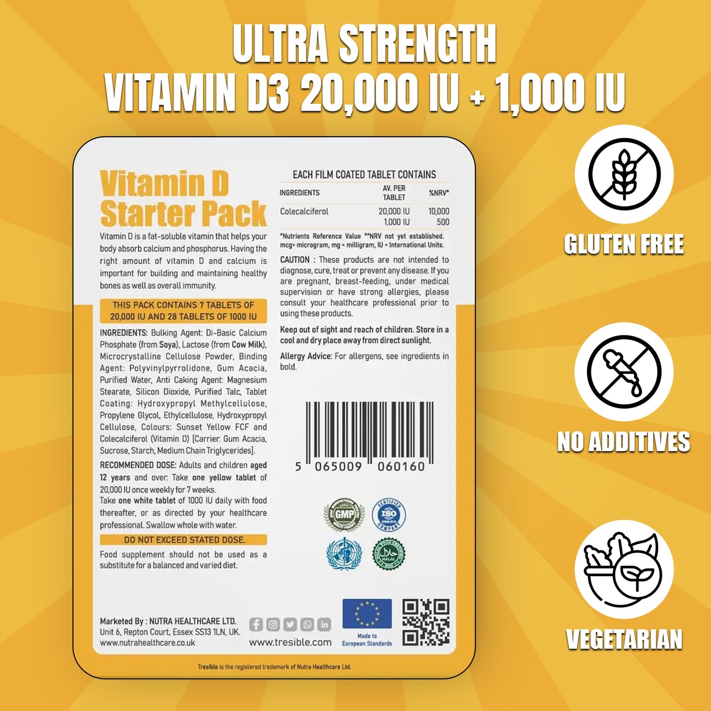 Tresible Vitamin D Tablets (5 Weeks Supply) - High Strength Vitamin D3 20000 IU Tablets to Support Immune System, Teeth, Bones, and Muscles - 35 Count Vitamin D 1000IU Tablet for Children and Adults