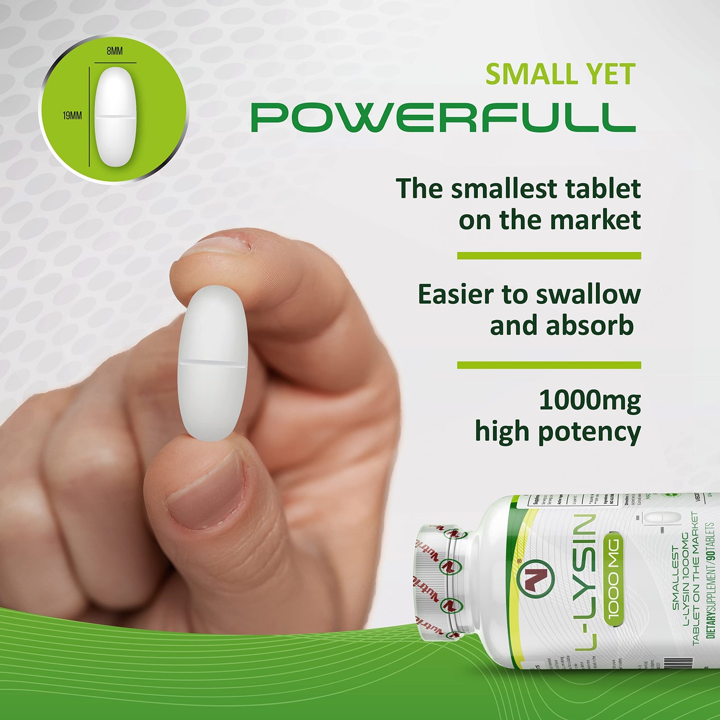 L-Lysine x 90 1000mg Tablets | Smallest 19mm Formula | Easier to Swallow and Quicker to Absorb - Suitable for Vegetarian and Vegan. (90)