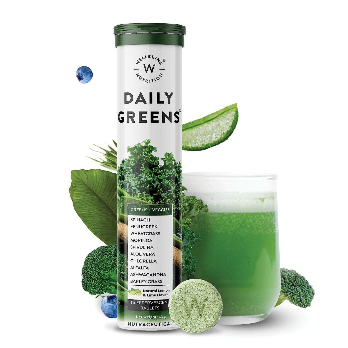 Wellbeing Nutrition Daily Greens | Wholefood Multivitamins with Vitamin C, Zinc, B6 for Immunity & Detox with Organic Certified Plant Superfoods & Antioxidants (15 Effervescent Tablets)