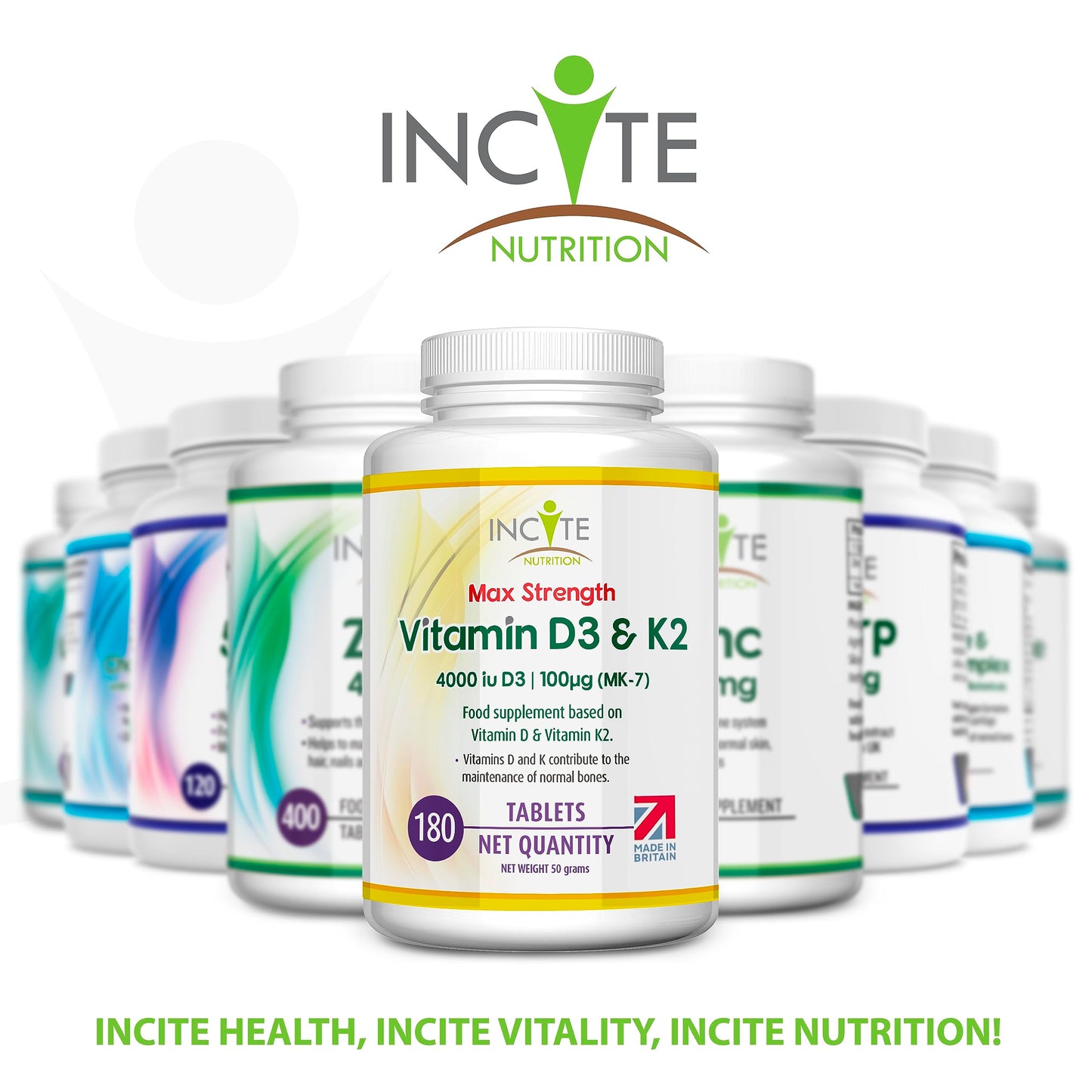 Vitamin D3 K2 (MK7) 100 UG - Vitamin D3, 4000iu & Vitamin K2-180 Premium Vegetarian Tablets - 6 Month’s Supply - High Strength Quality - Made in The UK by Incite Nutrition®