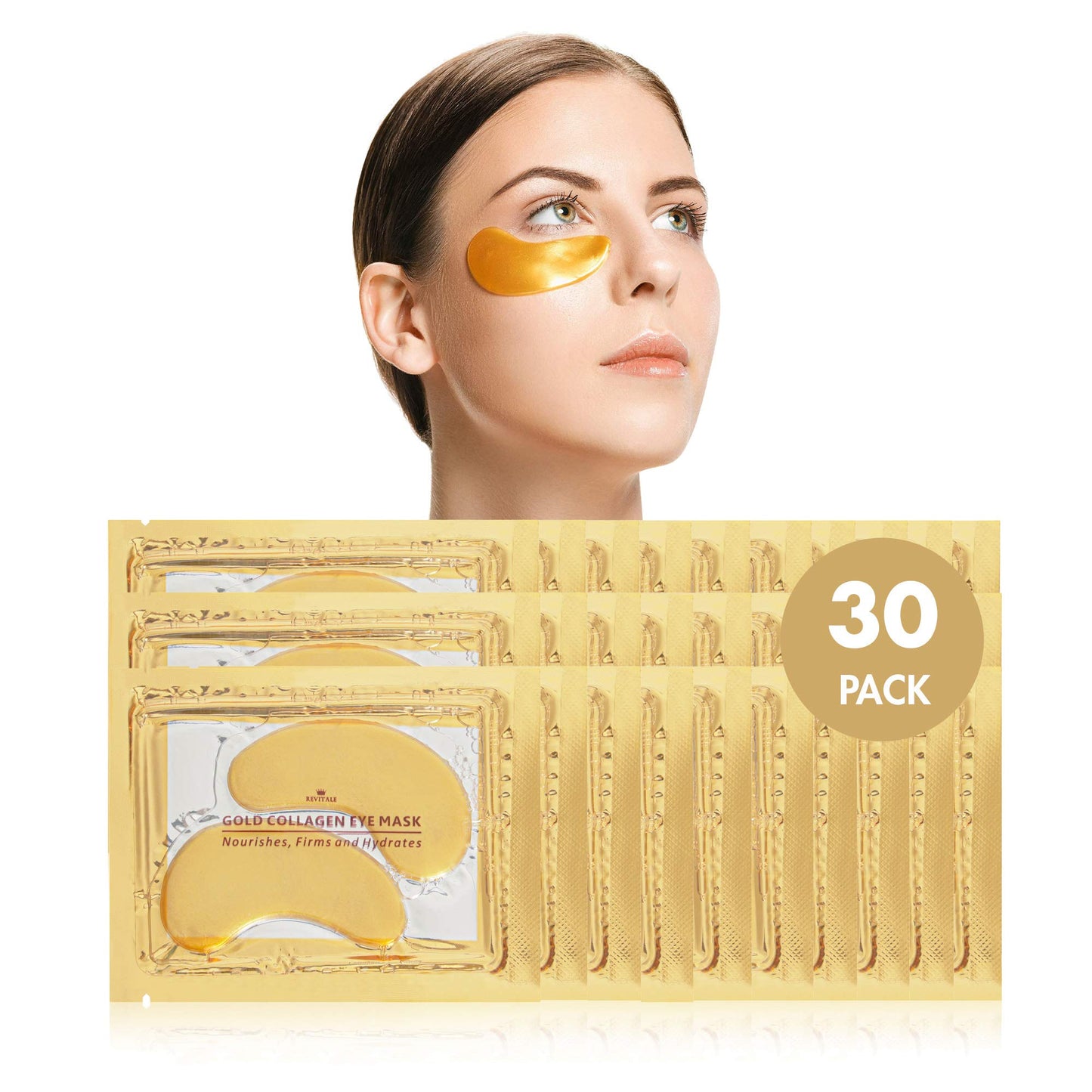 Revitale 24k Gold Under EYE Patches Collagen Gel Mask, Nourishes, Firms & Hydrates, Puffy Eyes & Dark Circles, Hyaluronic Acid (30 Pack)