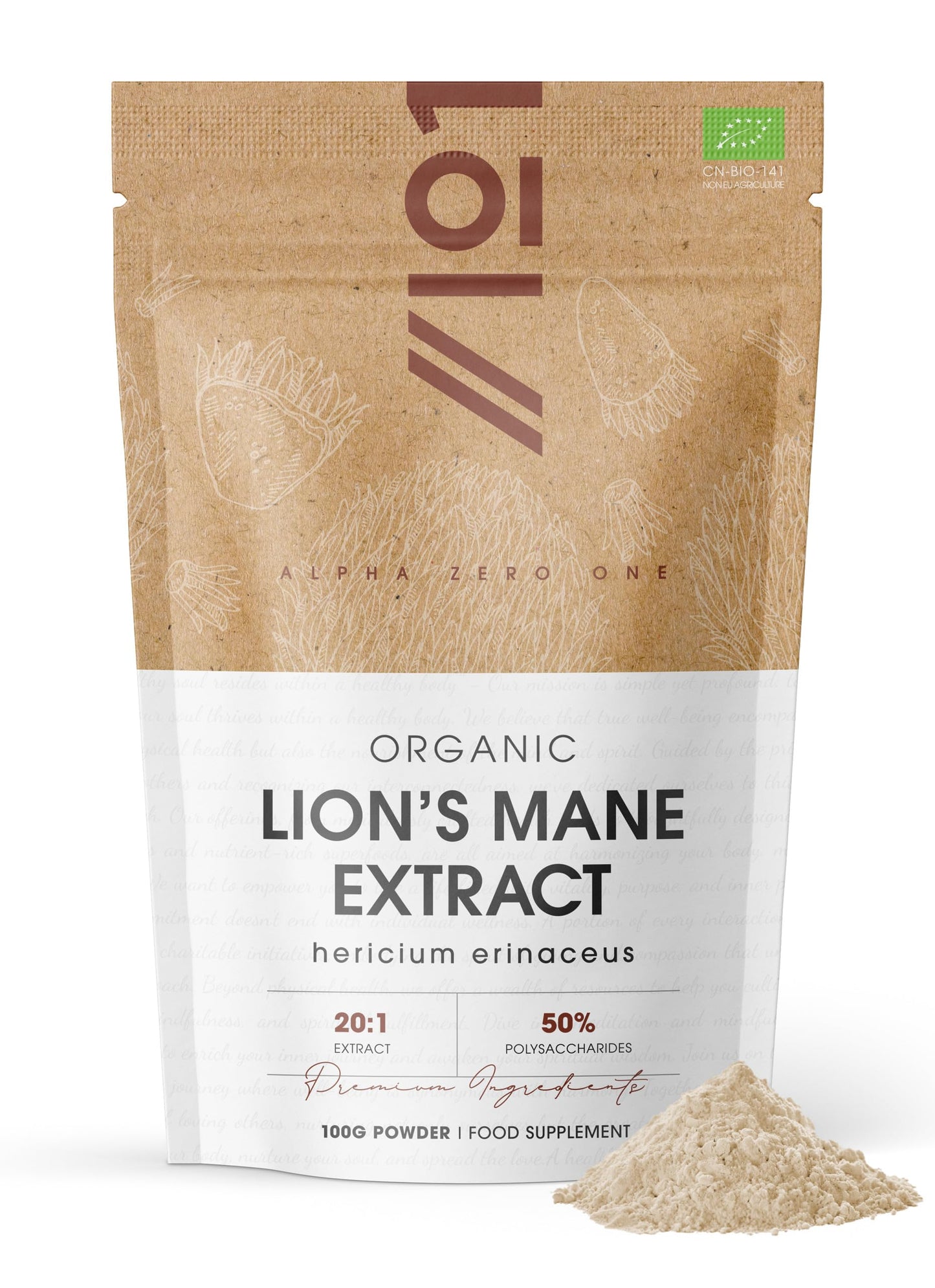 Organic Lions Mane Supplement Extract Powder 100g – 50% Polysaccharides (500mg per Serving) – 100 Days Supply – Resealable and Recyclable Pouch – by Alpha01