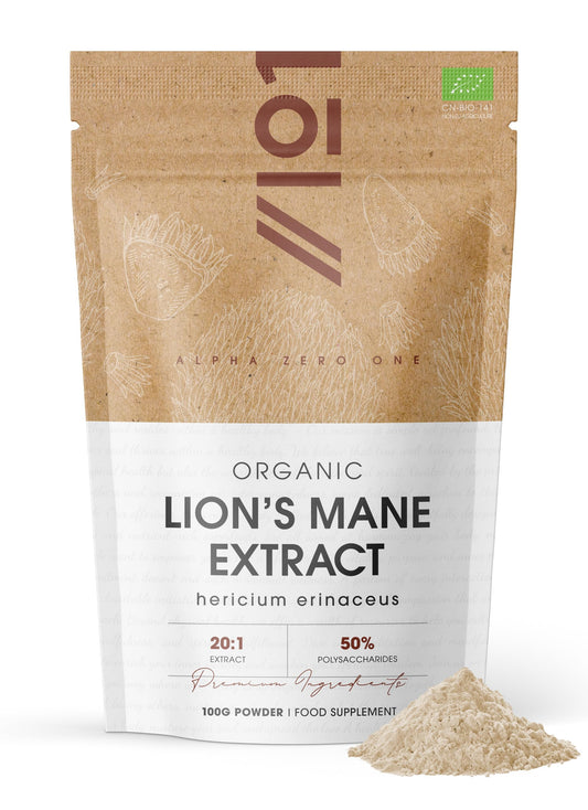 Organic Lions Mane Supplement Extract Powder 100g – 50% Polysaccharides (500mg per Serving) – 100 Days Supply – Resealable and Recyclable Pouch – by Alpha01