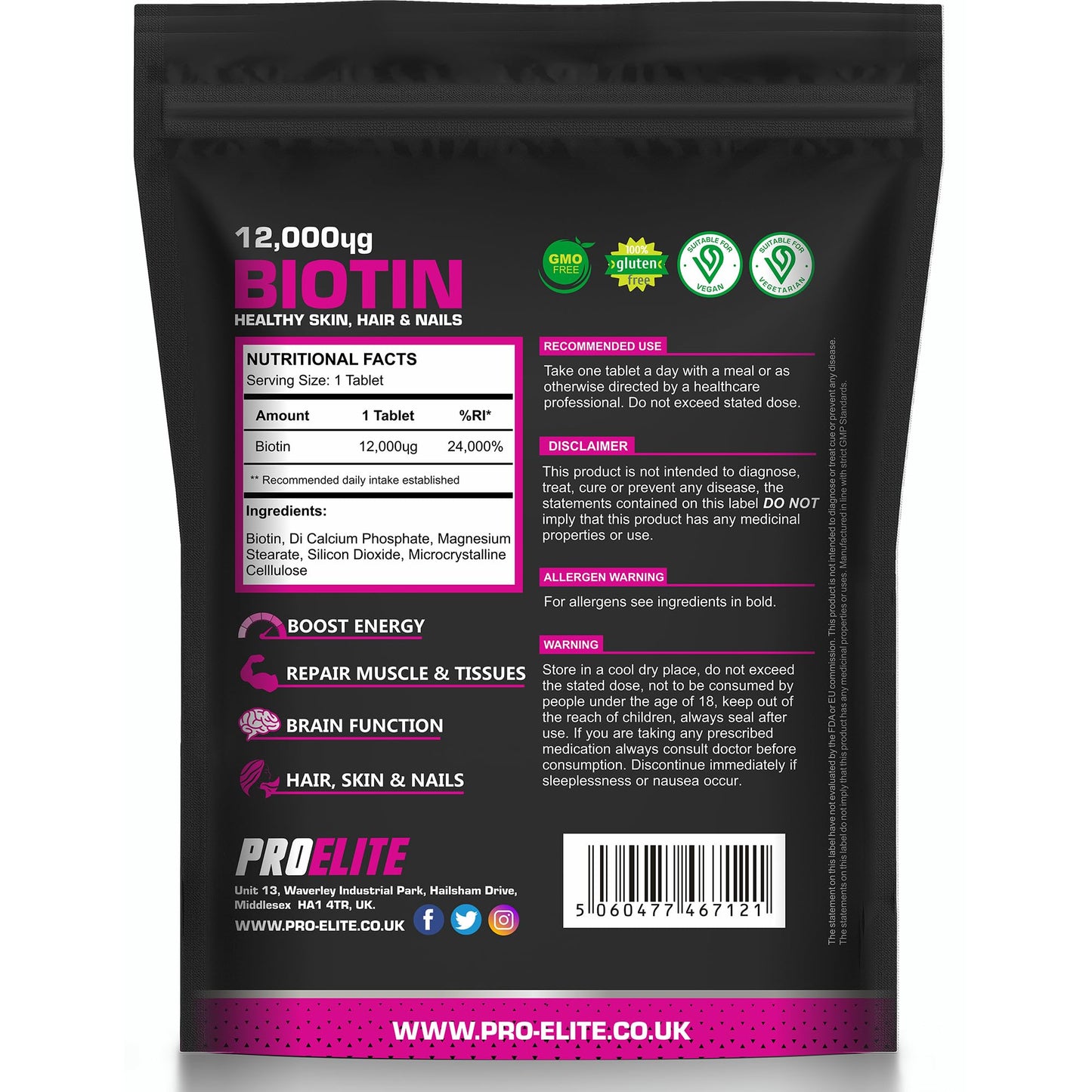 Biotin Hair Growth Supplement 12,000mcg - 60 Vegan High Strength Biotin Tablets - Hair and Nails Vitamins for Women & Men - Supports Hair, Skin & Nail Growth Vitamin B7 Tablets - PROELITE