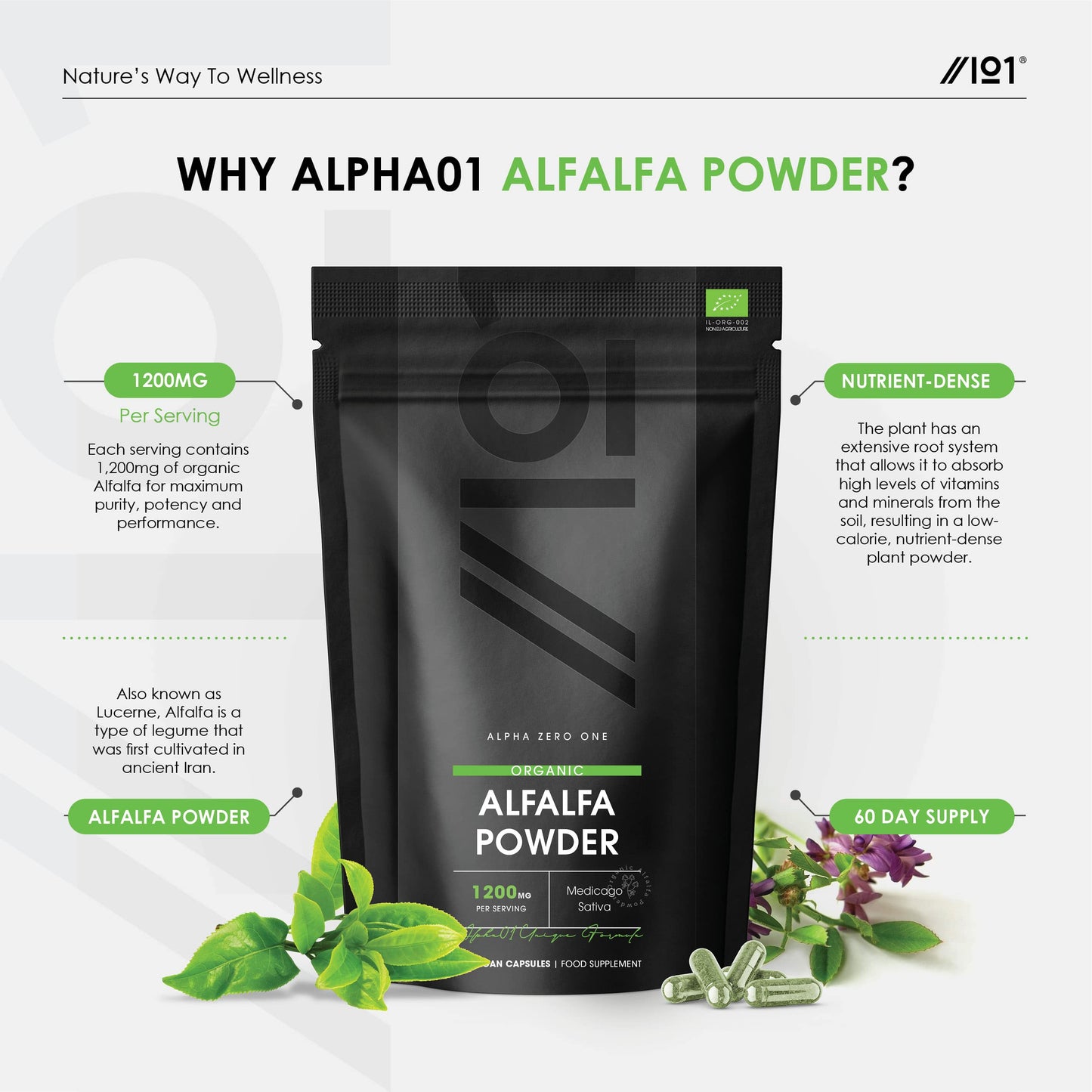 Organic Alfalfa 1200mg - Pure & Potent Powder – Certified Organic, Non GMO, Gluten Free, Halal – 120 Vegan Capsules