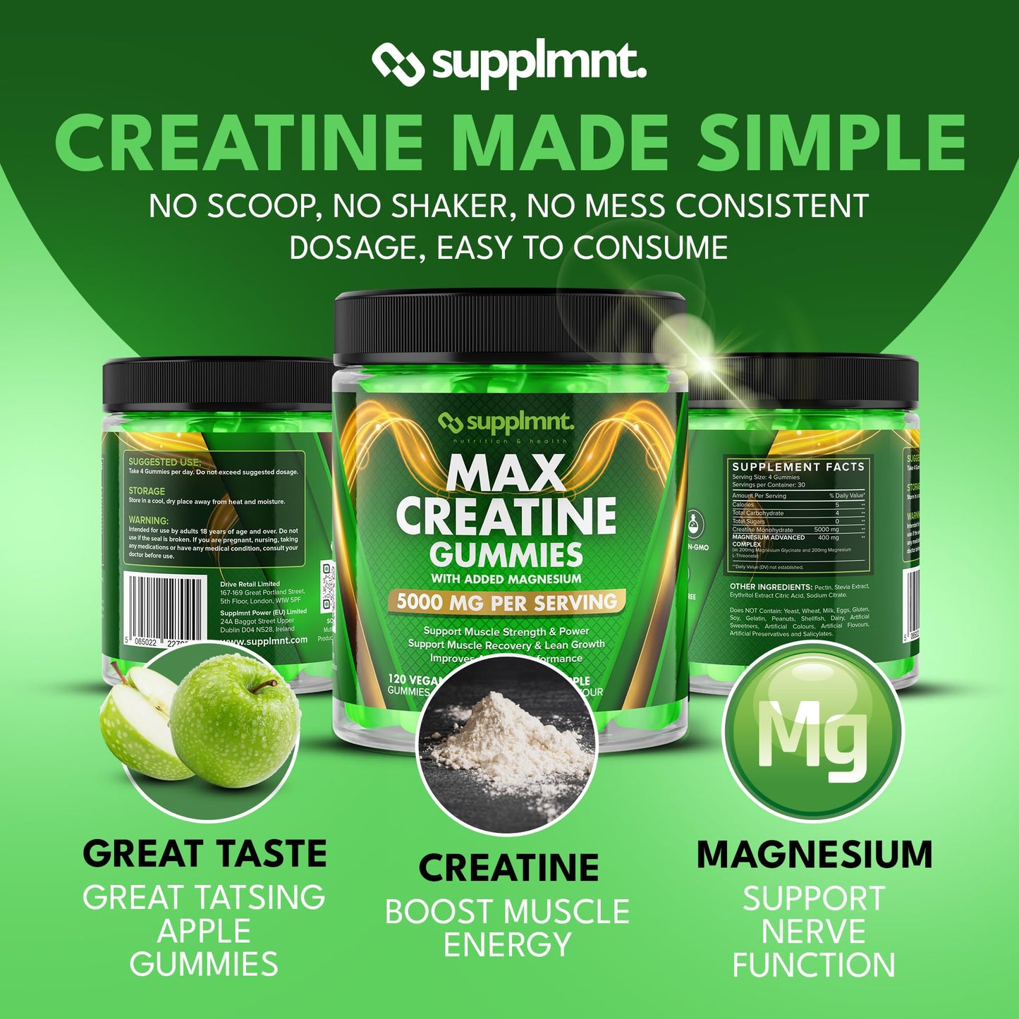 Creatine 120 Gummies Max 5000mg for Men and Women Creatine Monohydrate with Added Magnesium - Chewable Gummies, Apple Flavour (1 Month Supply)