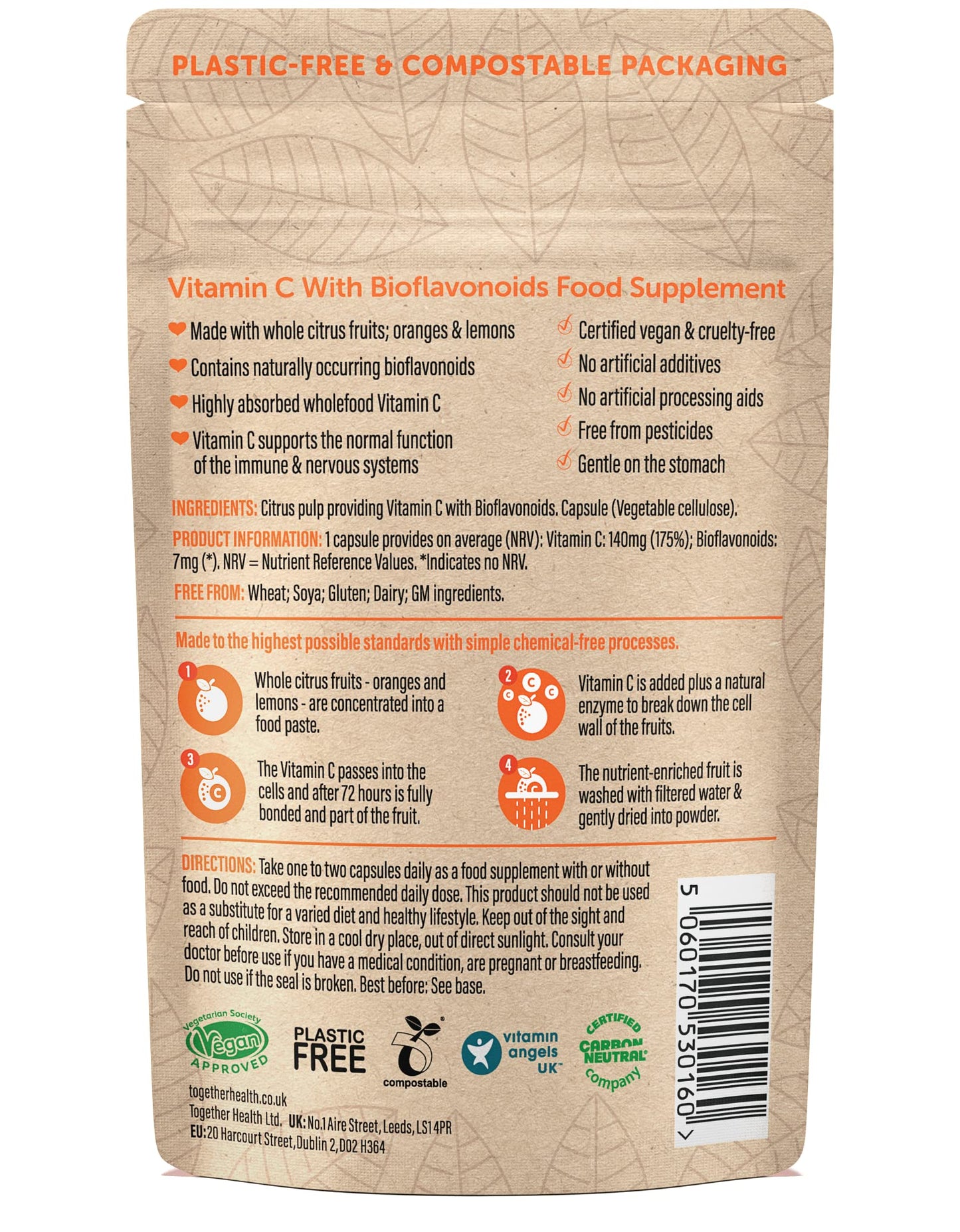 Vitamin C – Together Health – with Organic Citrus Fruits – Gentle & Easily Absorbed – Includes Naturally Occurring Bioflavonoids – Vegan Friendly – Made in The UK – Pack of 3-90 Vegecaps