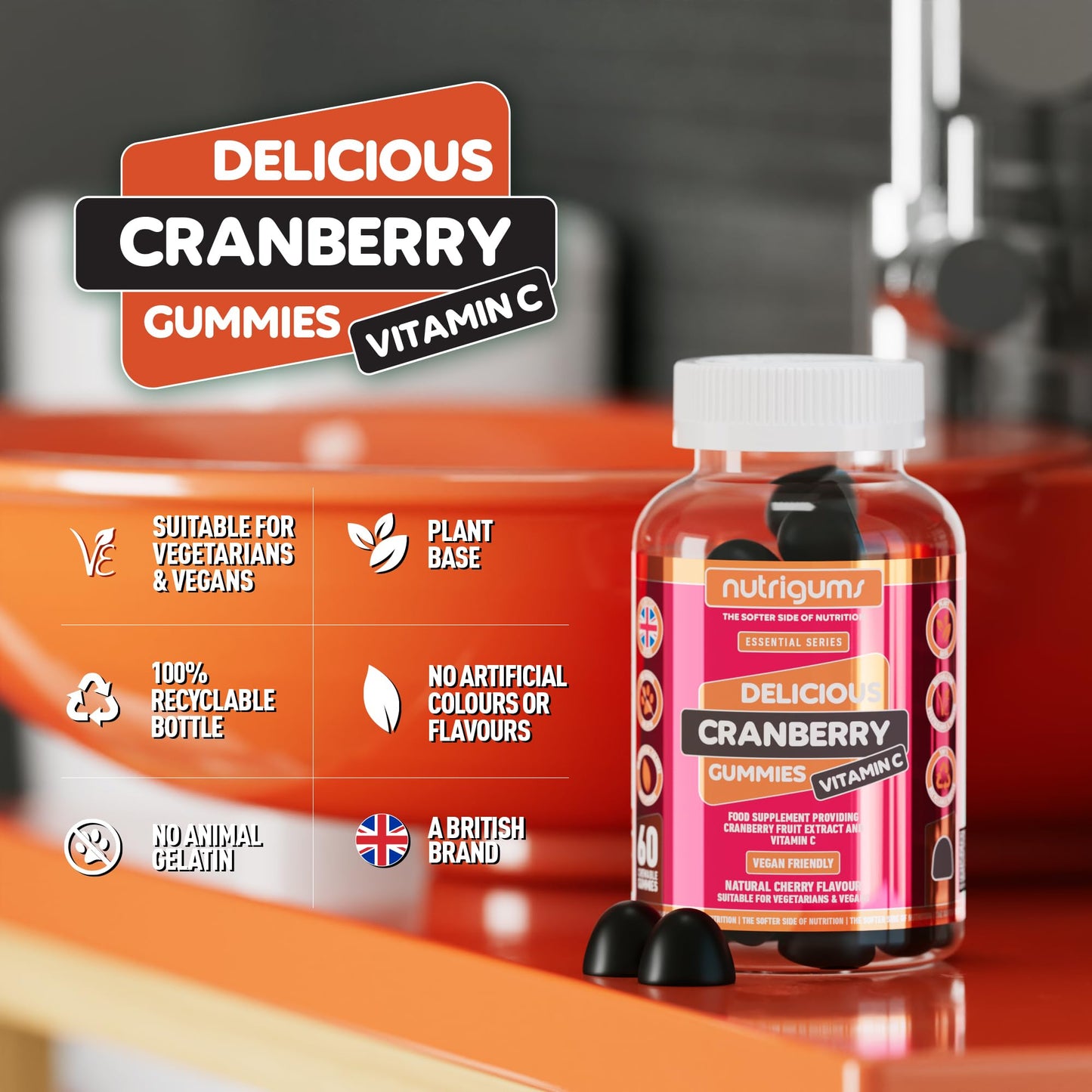 Nutrigums Cranberry & Vitamin C Gummy | Cherry Flavour | 60 Vegan Gummies | Cranberry Extract 9000mg (25% Proanthocyanidins) + Vitamin C 80mg | High Strength | UTI support for Women & Men by NUTRIGUMS®