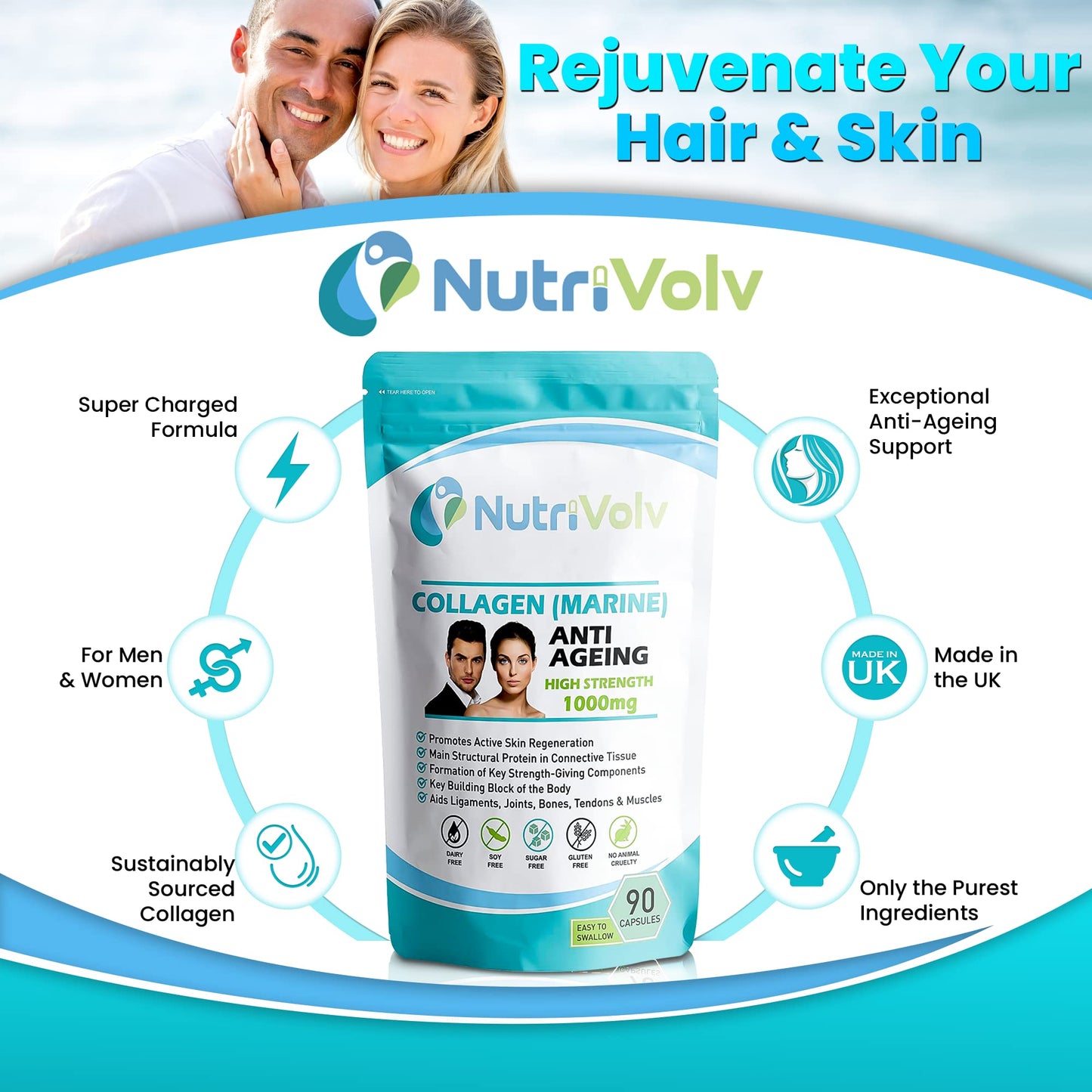 Nutrivolv Collagen Marine (1000mg) Supplement for Skin , Anti Ageing, Tissue, Joints, Bones & Muscles | 90 Multivitamin Capsules