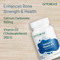AMBROSIAL Ambrosial Calcium & Vitamin D Supplement, High Potency, High Strength Calcium, Vitamin D3, Gluten Free, Supports Bone Health, Muscles & Teeth, Pack of 1-120 Softgels