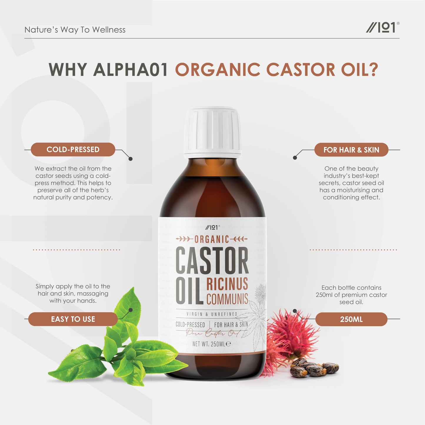 Organic Castor Oil 250ml | 100% Unrefind & Cold Pressed - Hexane Free | for Skin & Hair | Food-Grade & Sustainably Sourced - By Alpha01