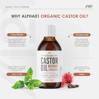 Organic Castor Oil 250ml | 100% Unrefind & Cold Pressed - Hexane Free | for Skin & Hair | Food-Grade & Sustainably Sourced - By Alpha01